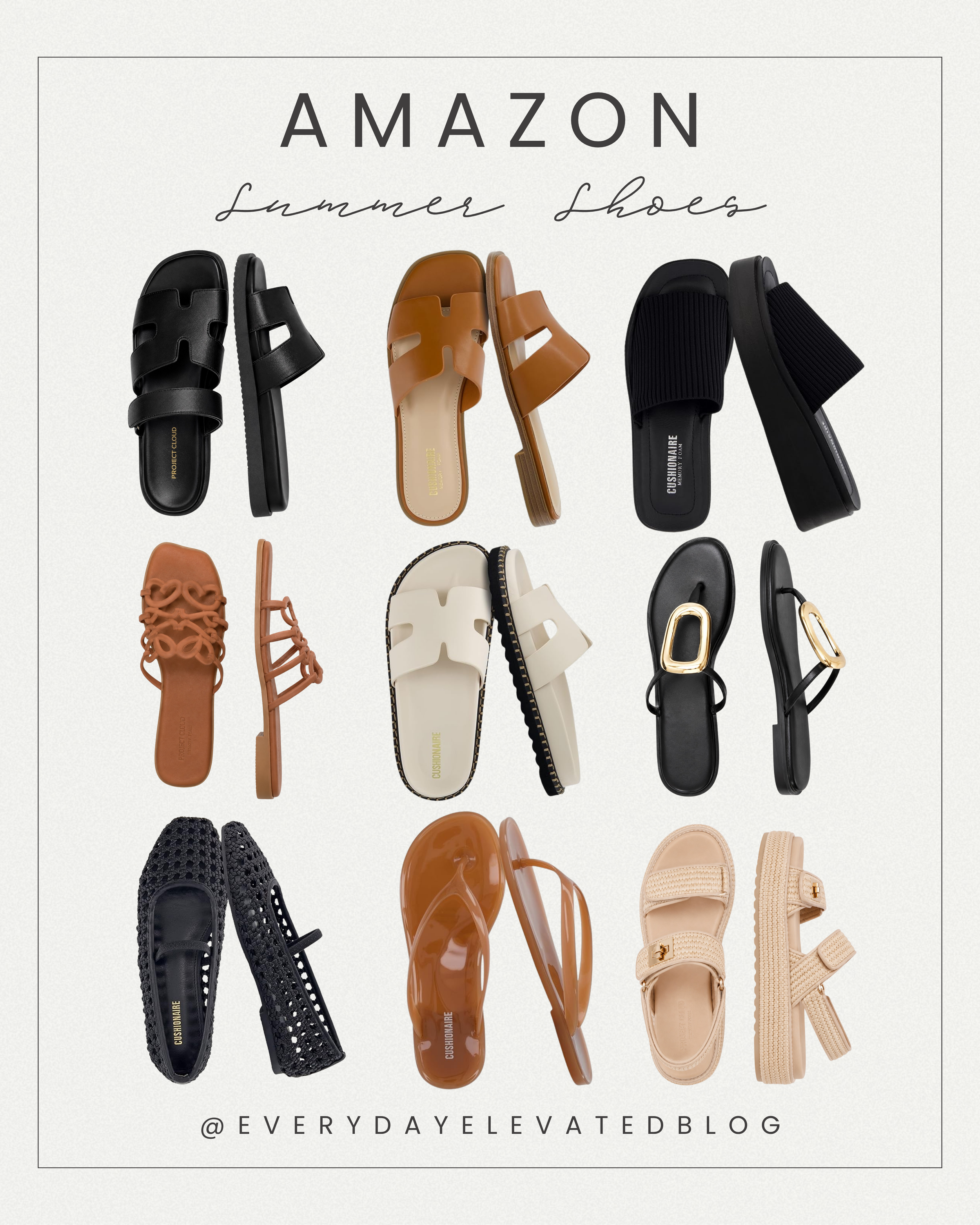 Collection of trending Amazon summer shoes featuring sandals, slides, flats, platform sandals, woven styles, and vacation-ready footwear arranged on a neutral background.