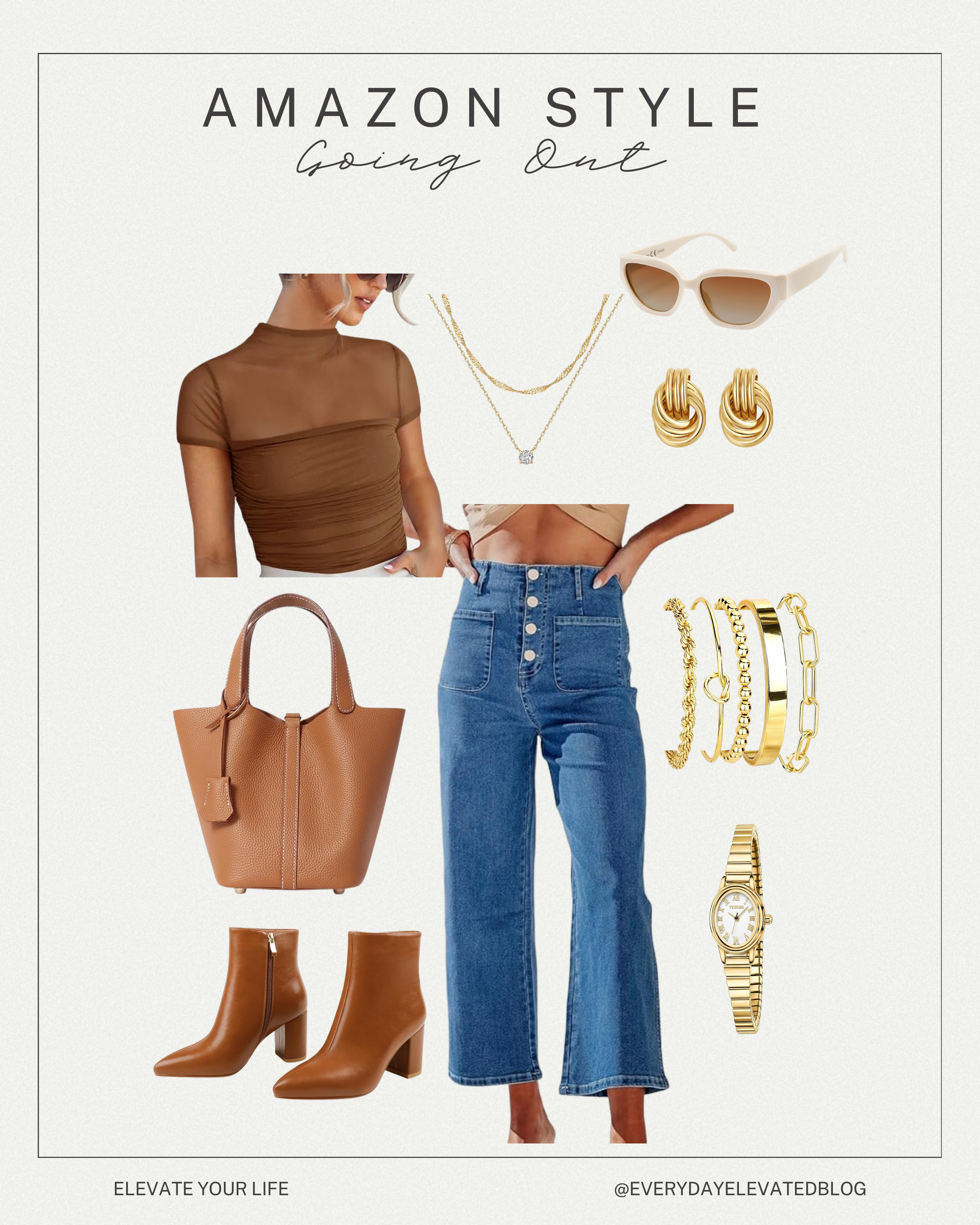 Chic Amazon going out outfit featuring a brown ruched mesh mock neck top, high-waisted button-front wide-leg jeans, cognac ankle boots, structured brown tote bag, gold jewelry, and oversized neutral sunglasses.