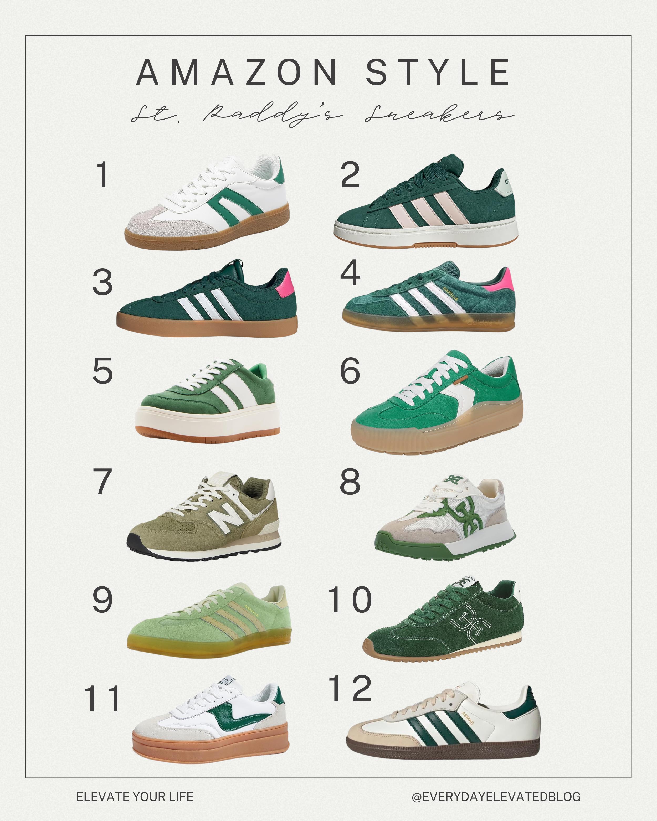 Amazon St. Paddy’s Day sneaker roundup featuring 12 green sneakers including retro stripe sneakers, gum sole styles, platform sneakers, and sporty trainers perfect for St. Patrick’s Day outfits.