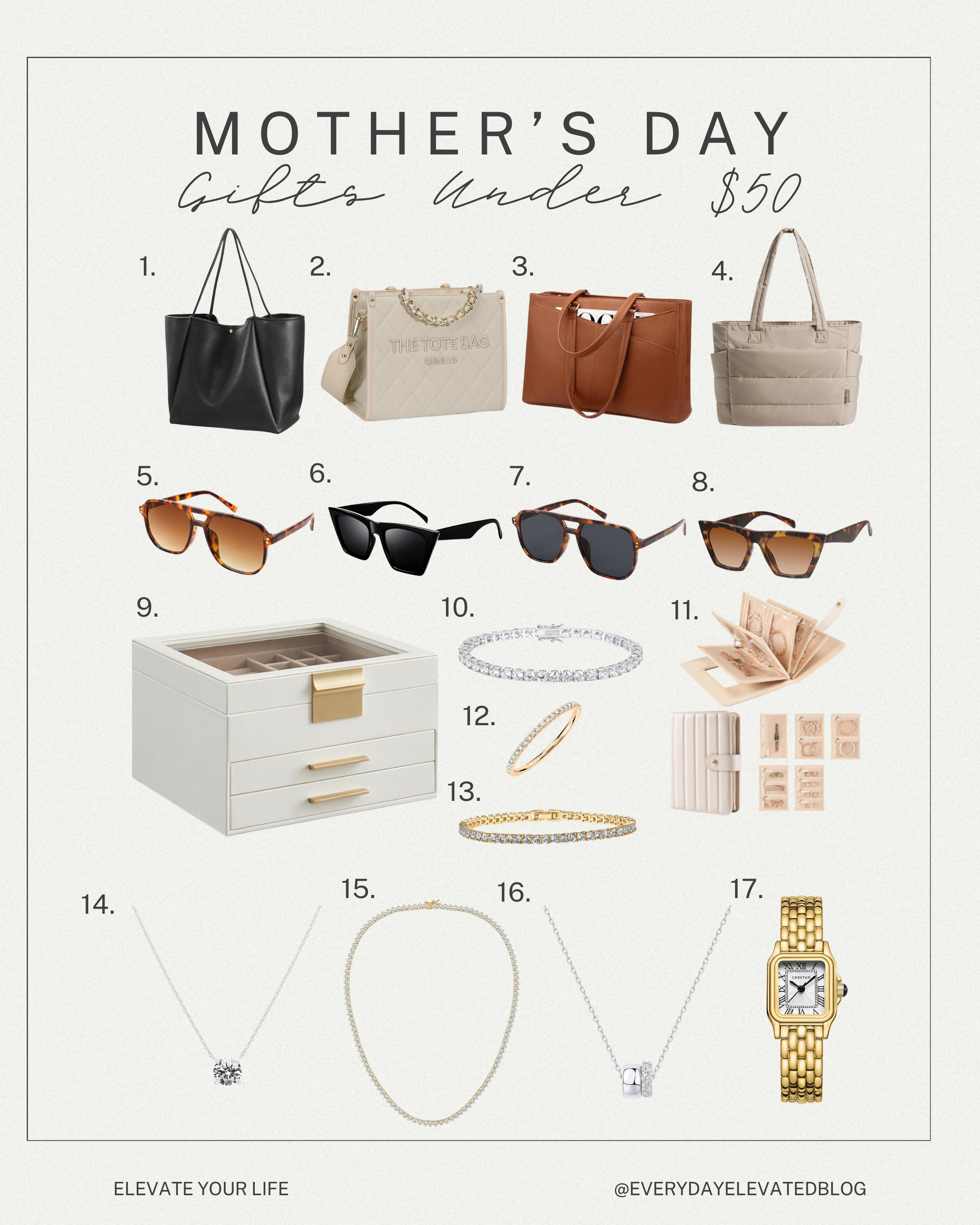 Mother’s Day gift guide featuring tote bags, sunglasses, jewelry organizers, cubic zirconia jewelry, necklaces, and a gold watch under $50