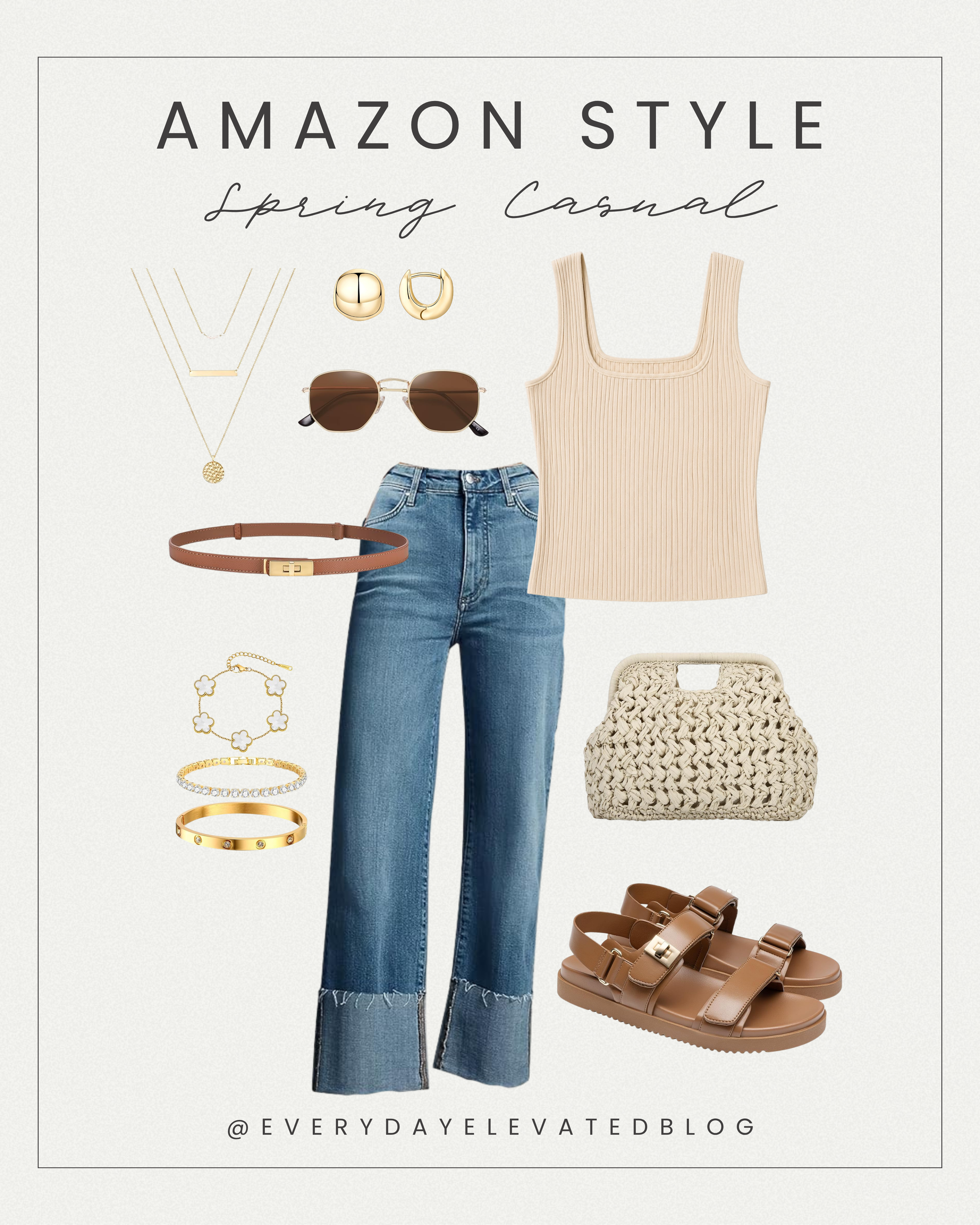 Casual spring outfit idea featuring a neutral ribbed tank top, cropped straight leg jeans, brown sandals, woven handbag, gold jewelry, sunglasses, and a belt styled for an effortless everyday look