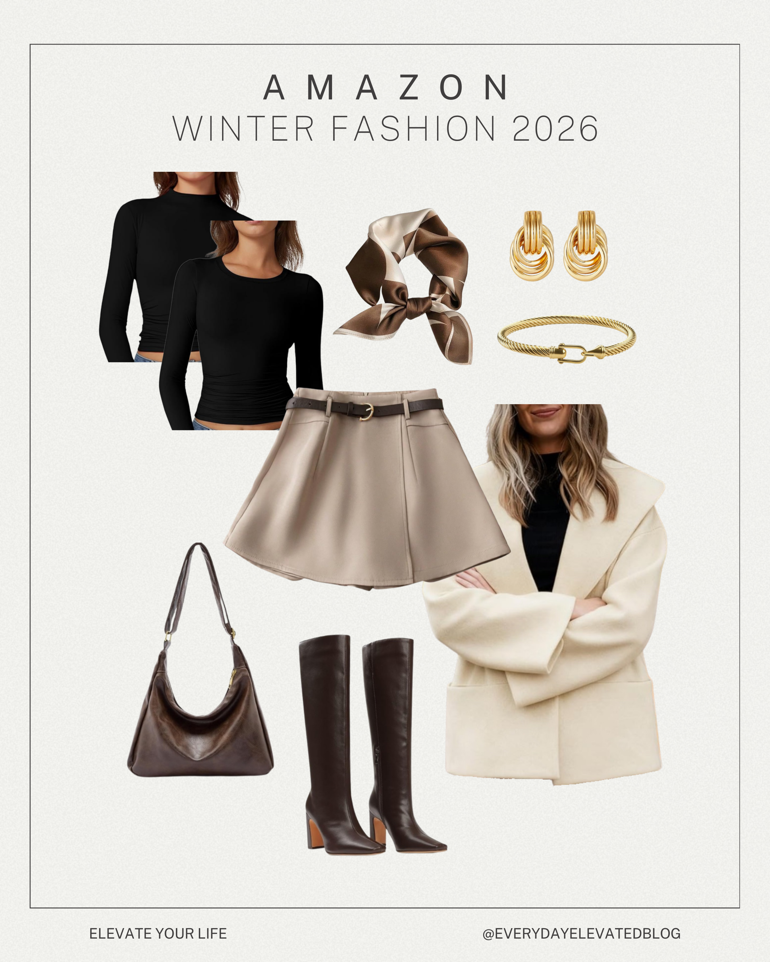 Neutral Amazon winter outfit featuring a fitted black long sleeve top, beige mini skirt with belt, oversized cream coat, brown knee-high boots, brown shoulder bag, gold jewelry, and neutral scarf.