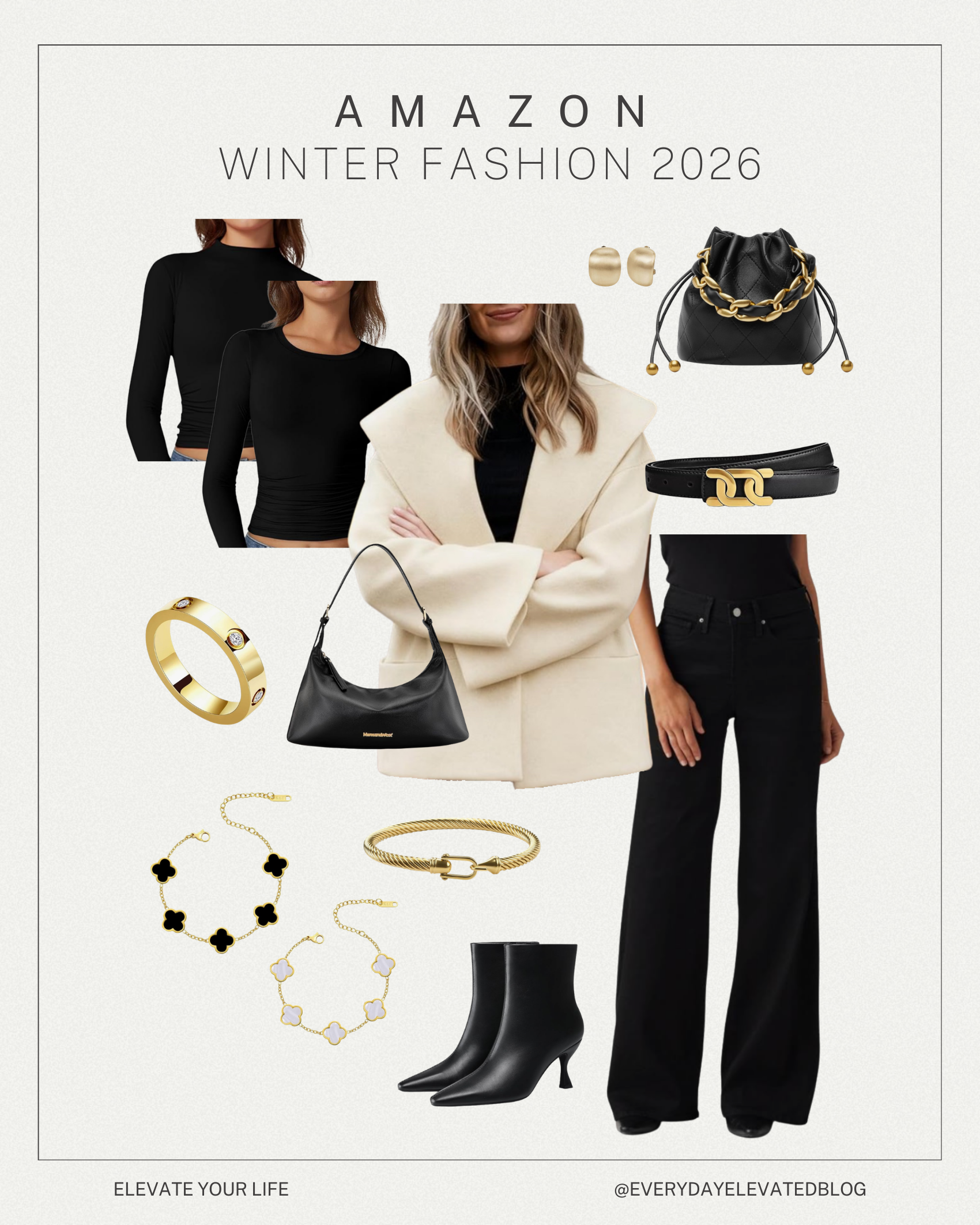 A chic casual winter outfit featuring a neutral coat, black basics, wide-leg pants, and gold accessories for an effortless elevated look.