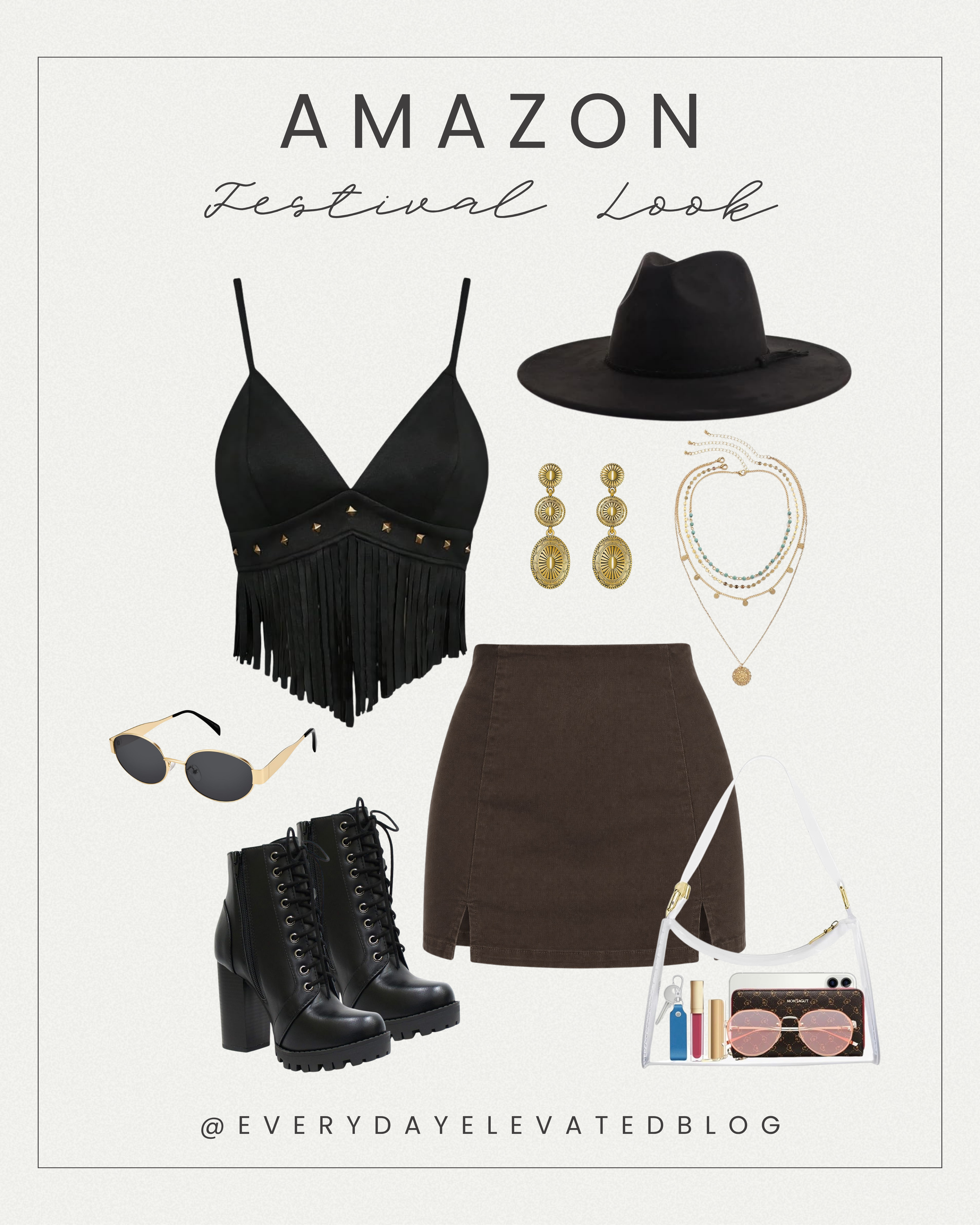Black fringe festival outfit flat lay with black wide-brim hat, brown mini skirt, black lace-up combat boots, layered gold jewelry, clear shoulder bag, and oversized sunglasses styled for a boho summer music festival look.