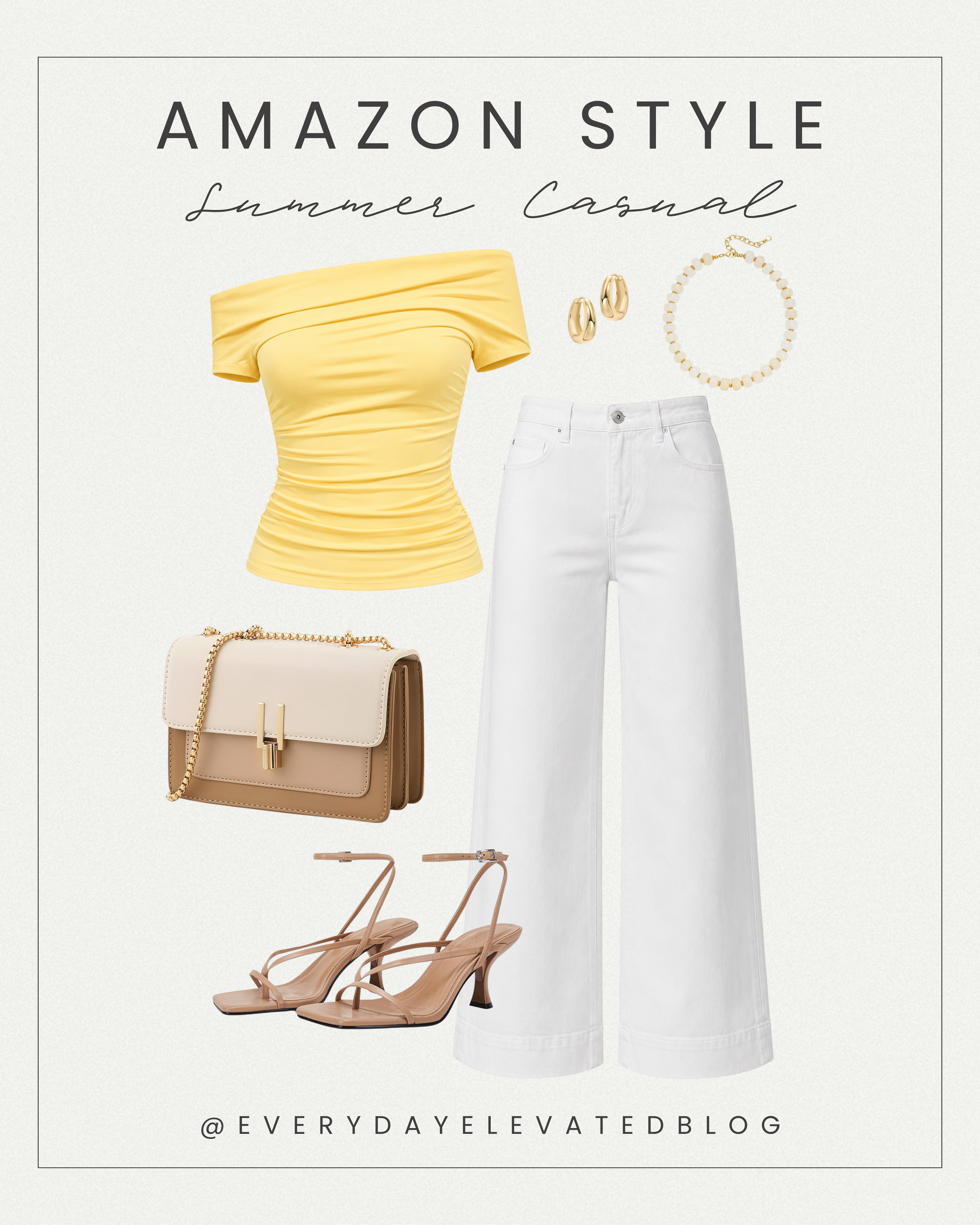 Flat lay summer outfit featuring a yellow off-the-shoulder top, white wide-leg jeans, nude strappy heels, beige crossbody bag, gold earrings, and a pearl bracelet styled for a chic casual summer look.
