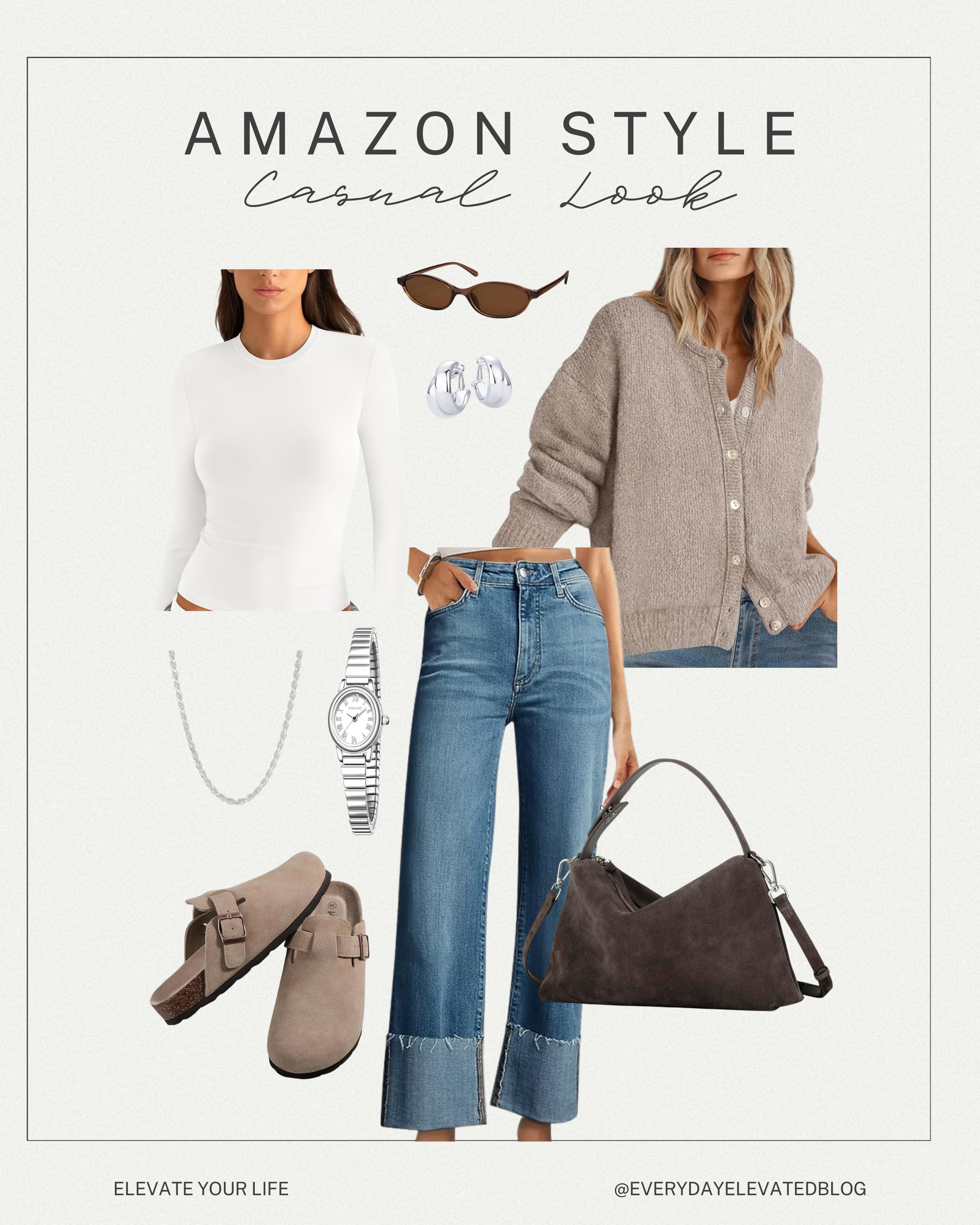 Amazon casual outfit featuring wide-leg cropped jeans, a fitted white long sleeve top, neutral cardigan, taupe clogs, brown shoulder bag, sunglasses, silver jewelry, and a minimalist watch styled for an effortless everyday look.