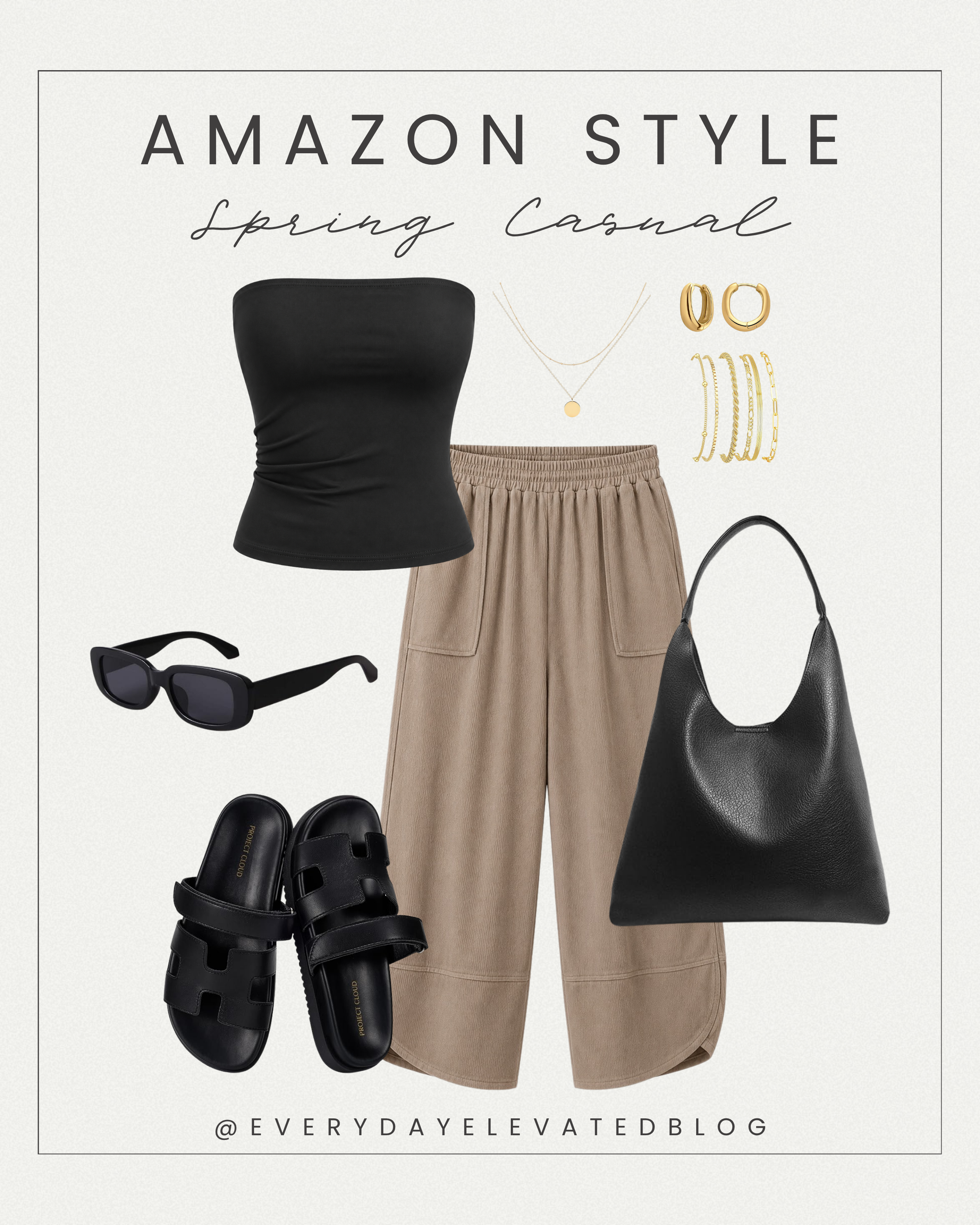 Neutral spring casual Amazon outfit featuring a black tube top, taupe wide leg pants, black slide sandals, oversized black shoulder bag, gold jewelry, and sunglasses.