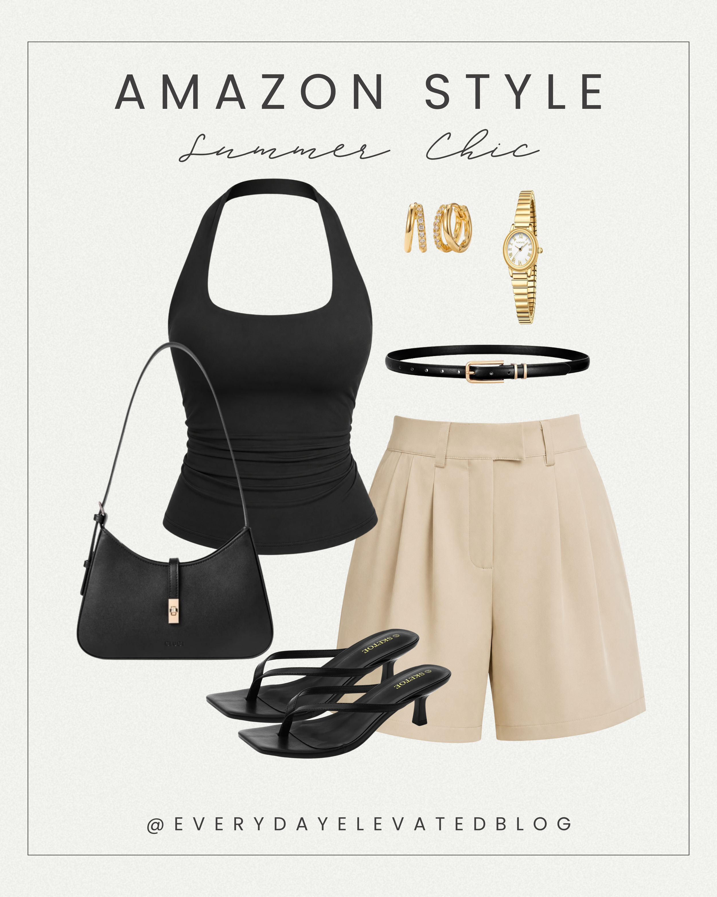 European vacation outfit featuring a black halter top, beige tailored shorts, black heeled sandals, black shoulder bag, gold jewelry, and a gold watch.