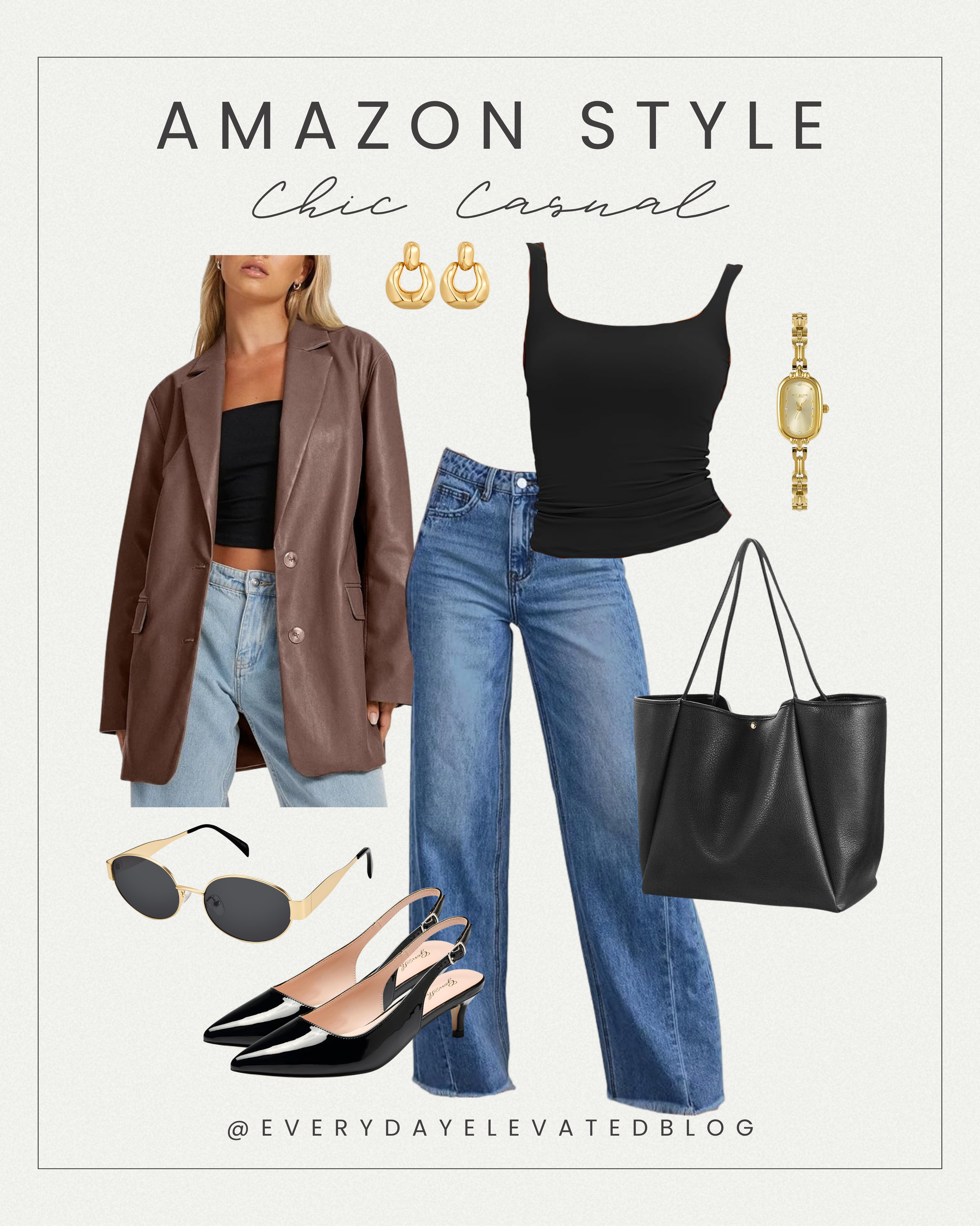 Chic casual outfit collage featuring a brown leather blazer, black fitted tank top, high-waisted straight leg jeans, black slingback heels, black tote bag, gold earrings, gold watch, and sunglasses styled for an effortless everyday look