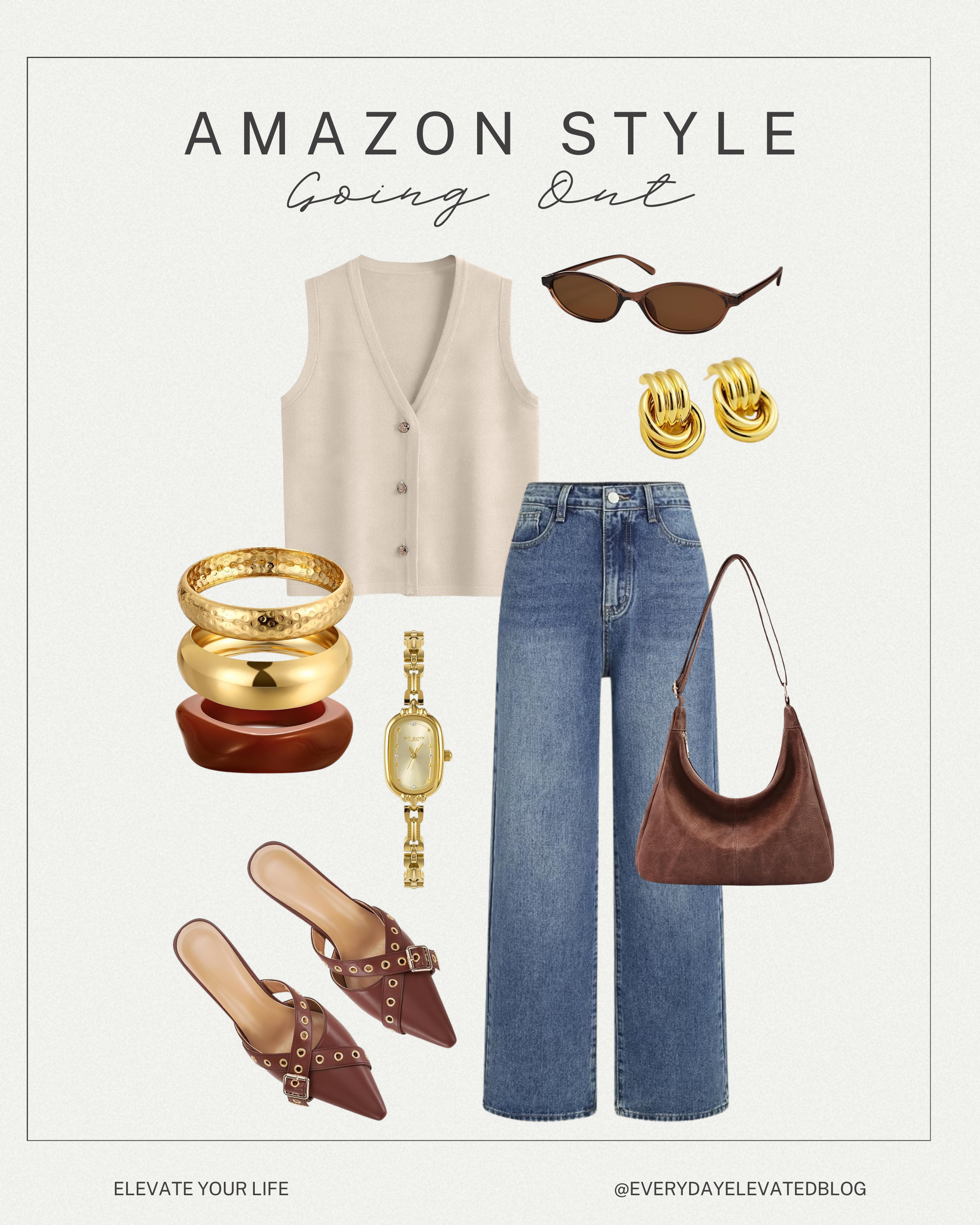 Amazon style going out outfit featuring a beige button vest top, high-waisted straight leg jeans, brown buckle mule heels, brown shoulder bag, stacked gold bracelets, gold hoop earrings, gold watch, and slim brown sunglasses.