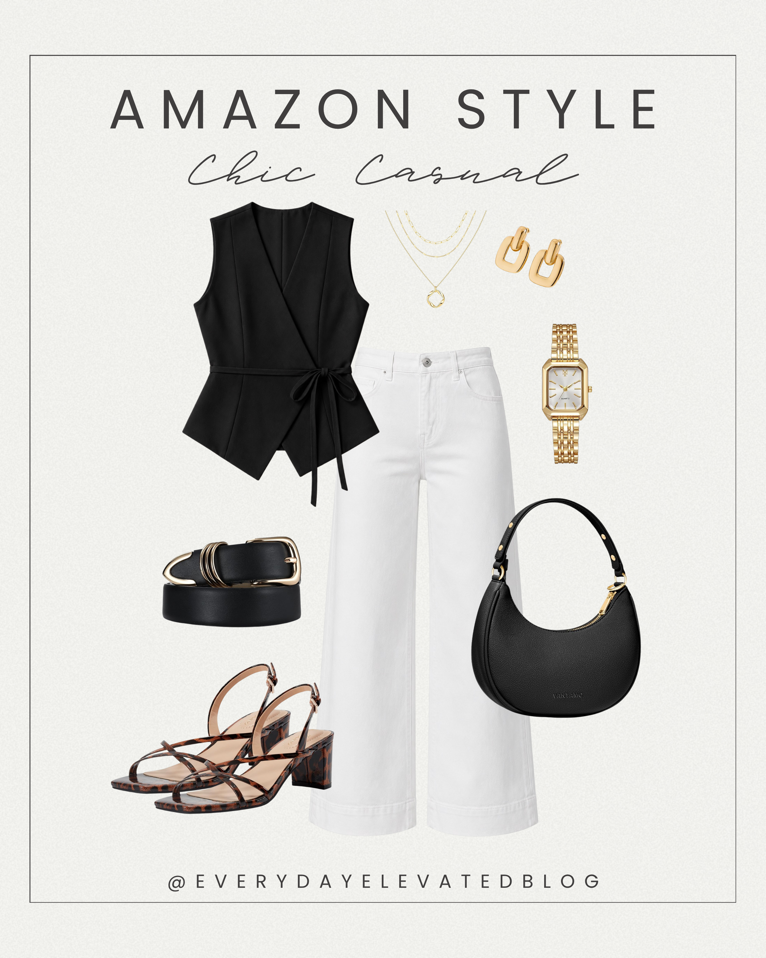 Chic casual Amazon outfit featuring a black wrap sleeveless top, white wide leg jeans, tortoise block heel sandals, black shoulder bag, gold jewelry, and gold watch.