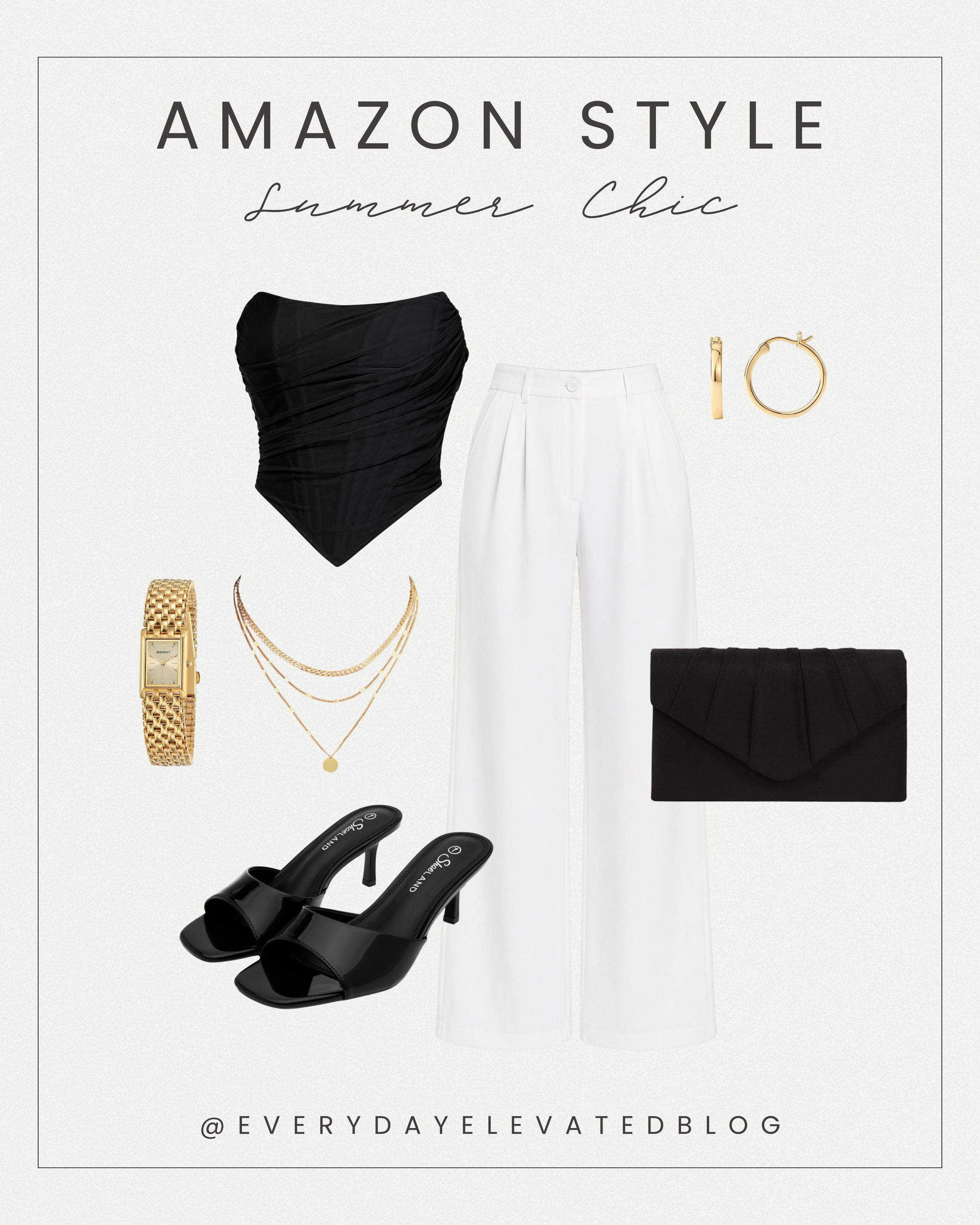 Woman wearing a black ruched strapless top with white wide-leg trousers, black heels, gold jewelry, and a black clutch for a chic summer outfit.