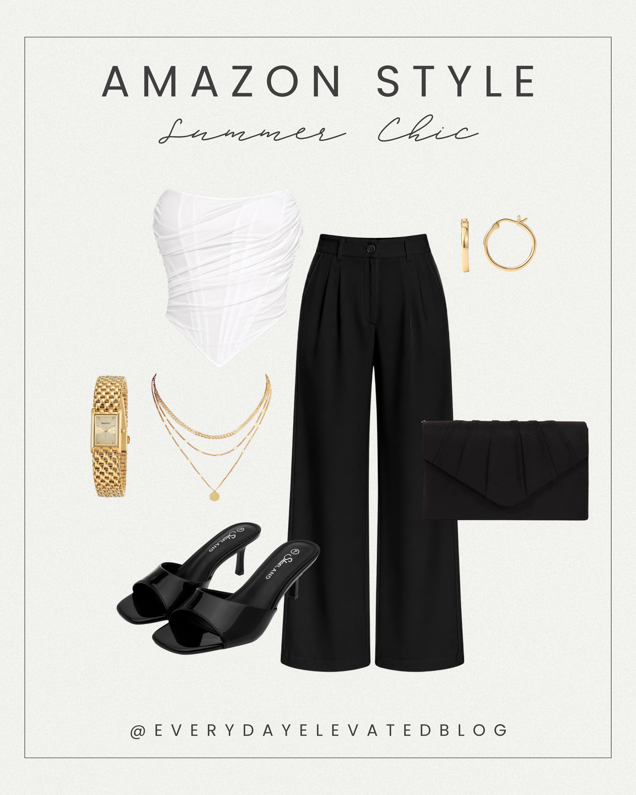Woman wearing a white ruched strapless top with black wide-leg trousers, black heels, gold jewelry, and a black clutch for an elegant summer evening outfit.