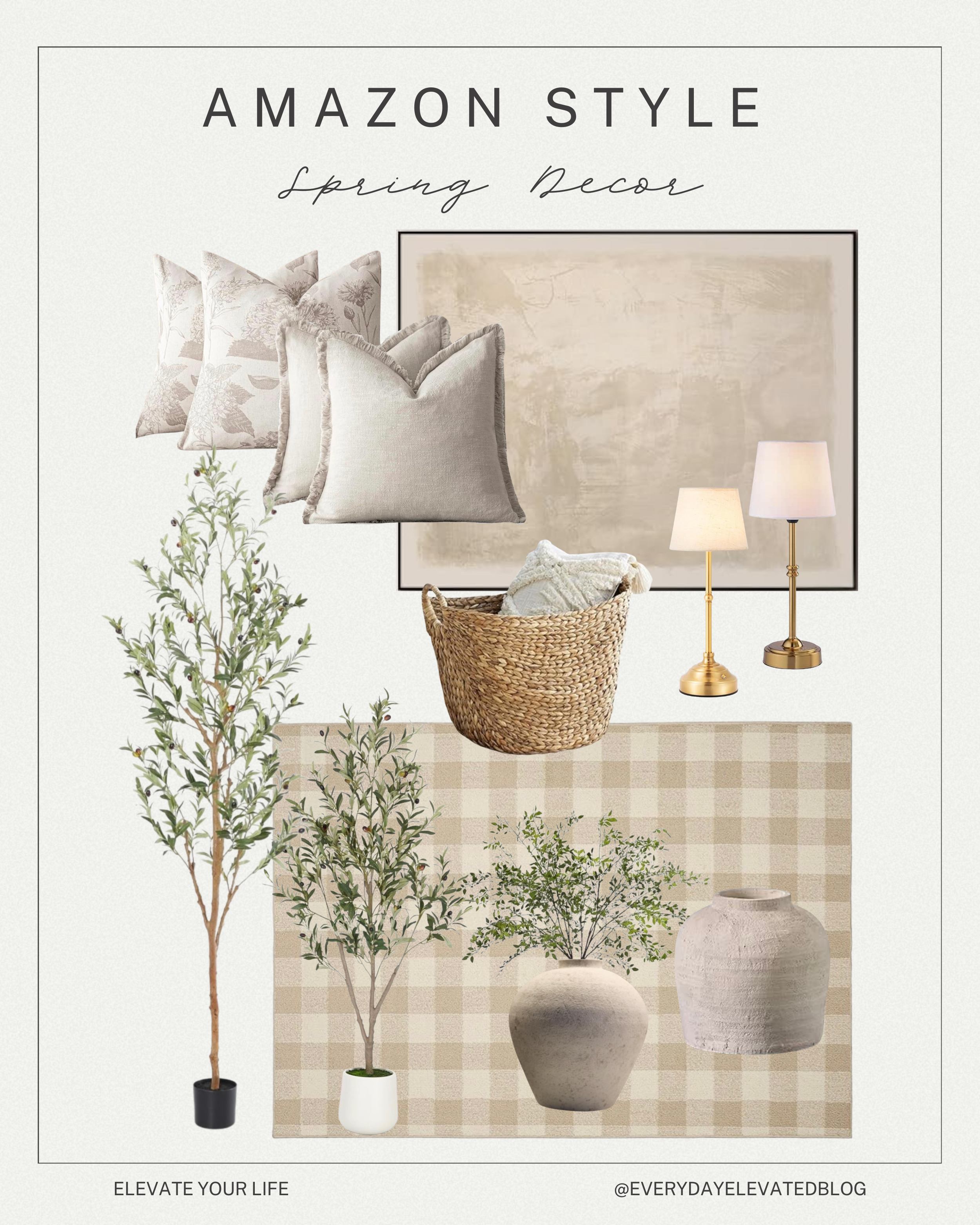Amazon spring decor collage featuring neutral throw pillow covers, abstract wall art, woven basket, gold table lamps, artificial olive trees, pottery vases, greenery stems, and a neutral checkered rug.