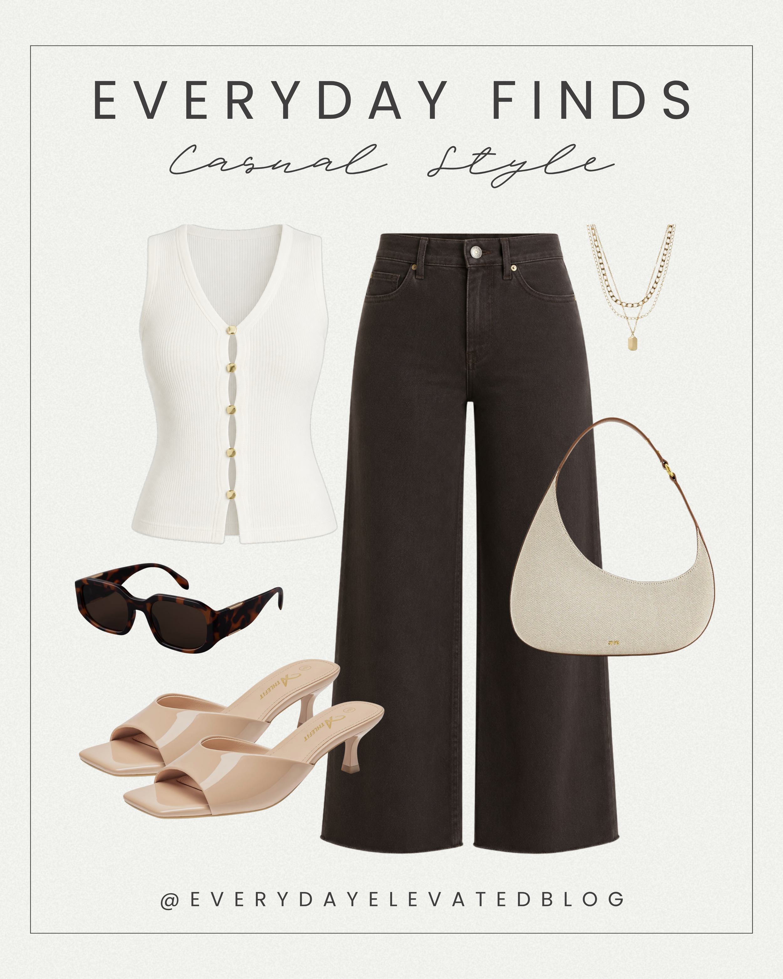 Flat lay collage featuring a casual chic outfit with a white ribbed button-front sweater tank, chocolate brown wide leg jeans, nude heeled sandals, a cream shoulder bag, layered gold necklaces, and tortoise sunglasses styled on a neutral background.