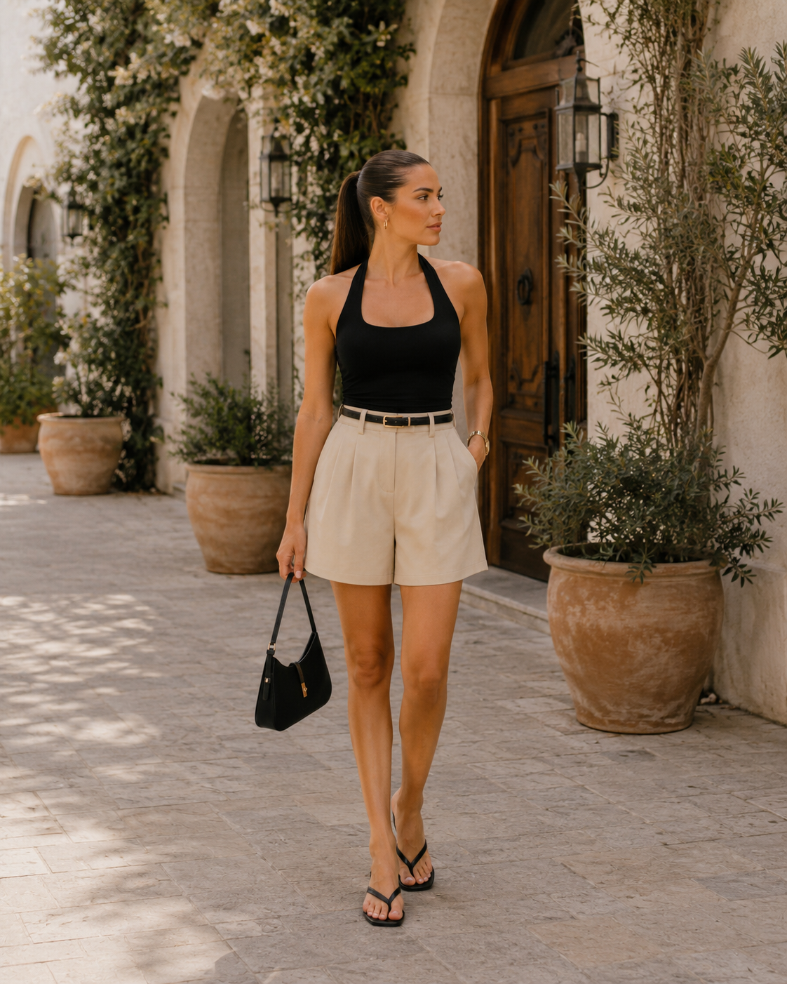 Woman wearing a black halter top, beige tailored shorts, black heeled sandals, and a black handbag while walking through a European-style courtyard, creating a polished vacation outfit.