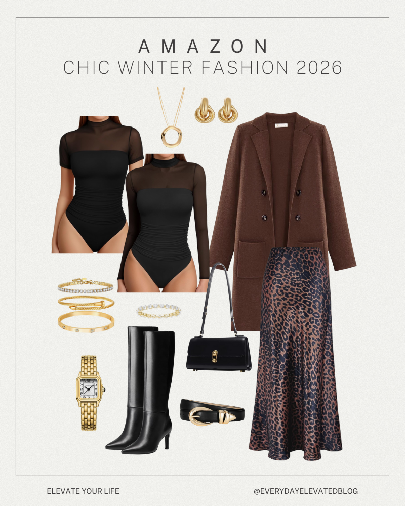 Chic winter outfit from Amazon featuring a sheer black bodysuit, leopard midi skirt, brown wool coat, black knee-high boots, and gold accessories.