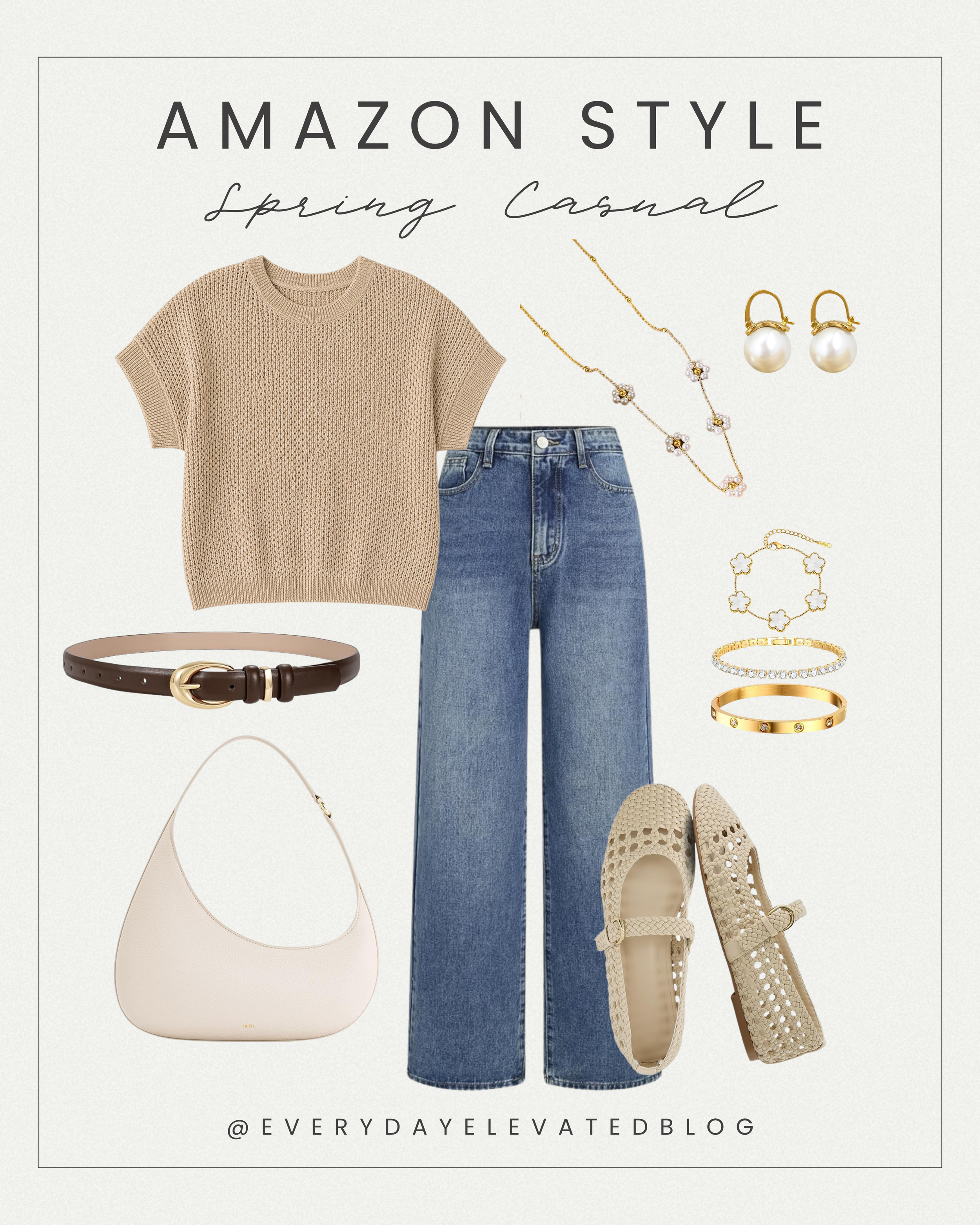 Casual spring outfit with jeans featuring a beige short sleeve knit top, high waisted straight leg jeans, woven Mary Jane flats, neutral shoulder bag, brown belt, and gold jewelry accessories
