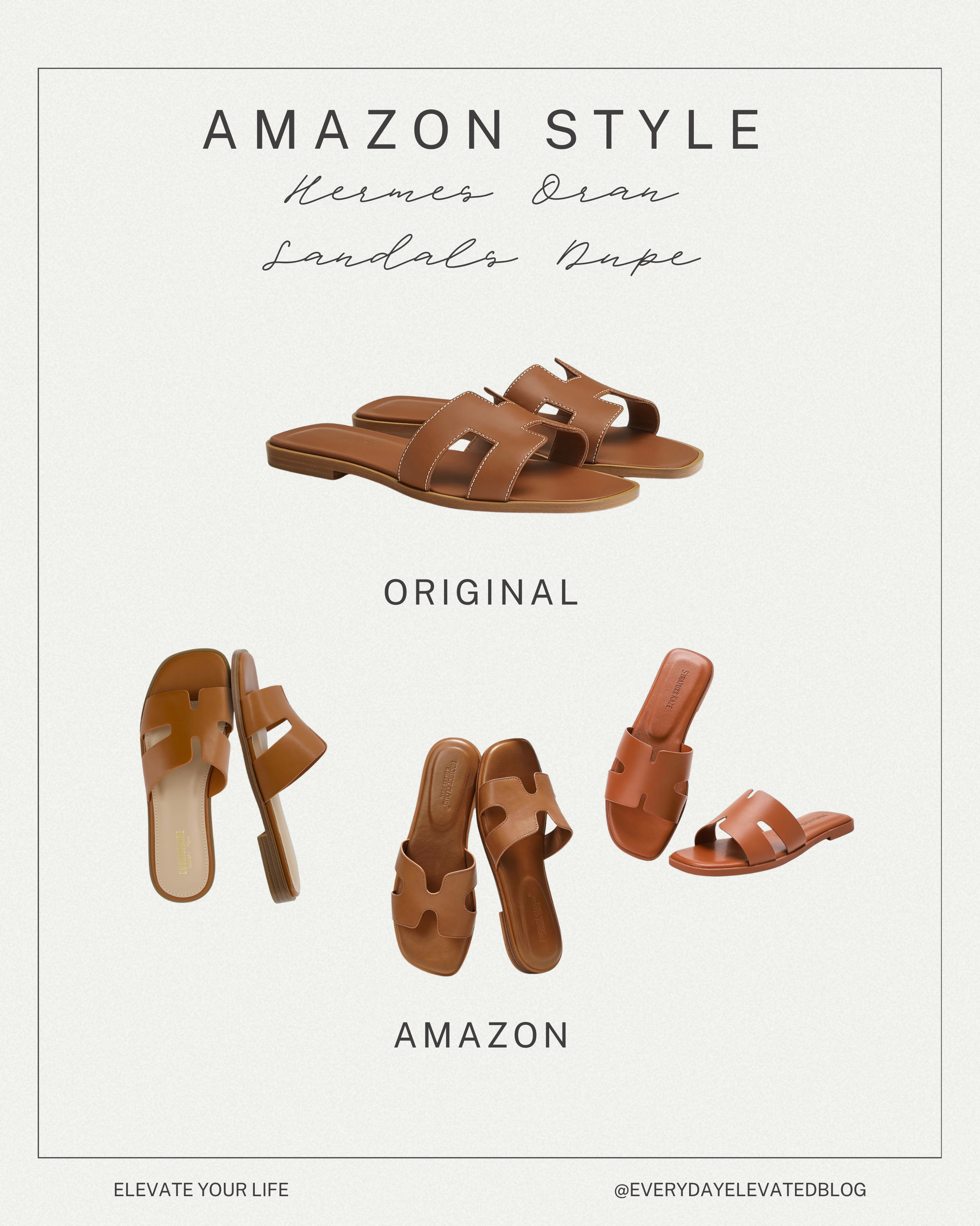 Amazon Hermès Oran sandal dupe comparison showing designer-inspired brown H-cutout slide sandals with the original Hermès Oran style above and affordable Amazon alternatives below.