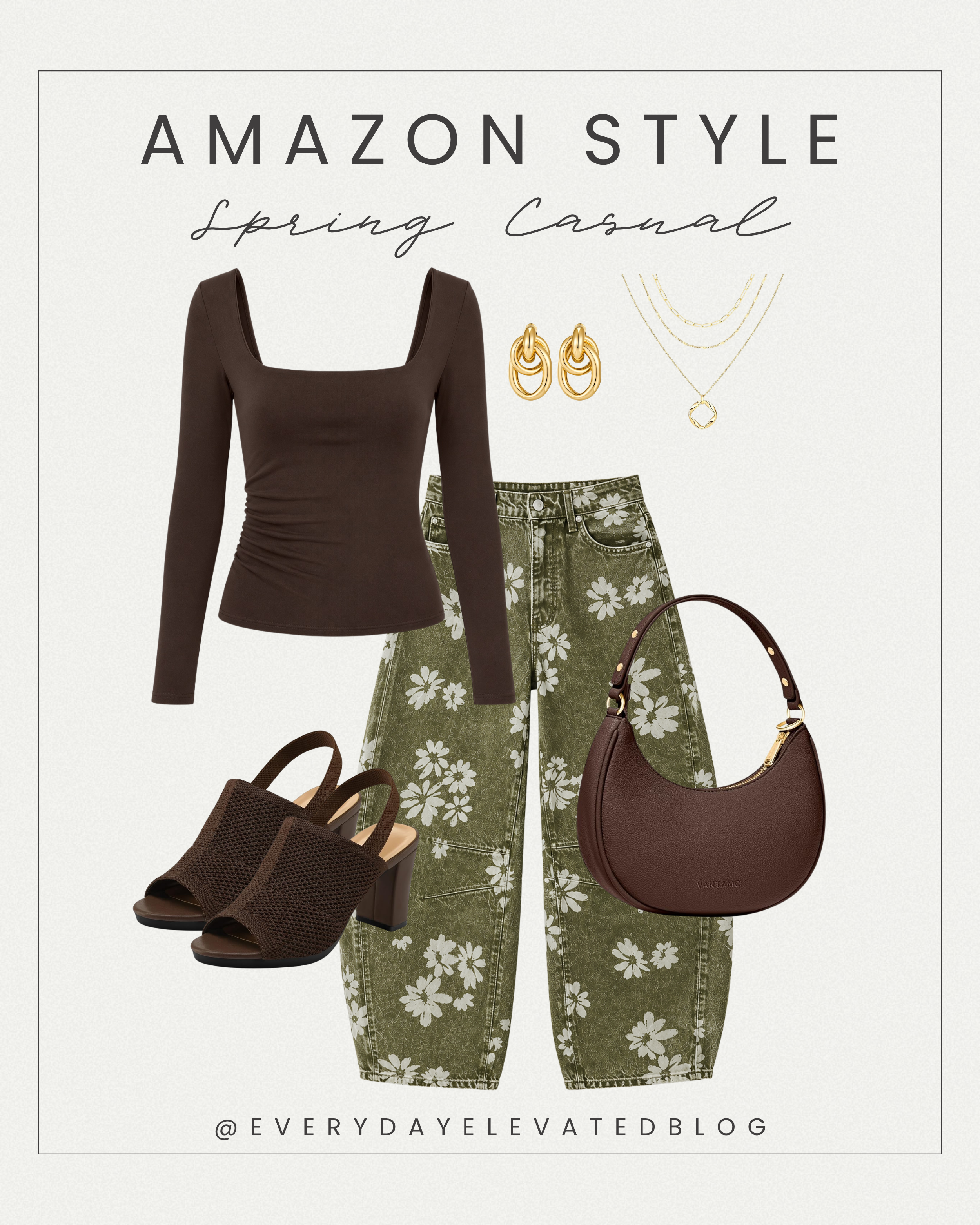 Spring casual Amazon outfit featuring floral olive barrel jeans, a fitted brown square neck top, brown heeled sandals, matching brown shoulder bag, and gold layered jewelry.