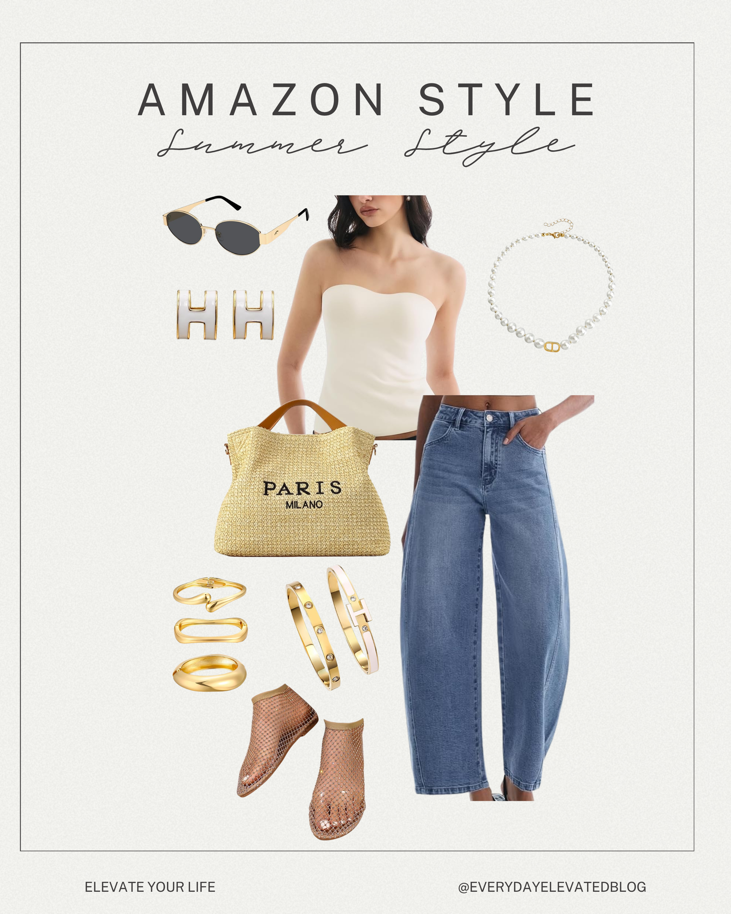Amazon style summer outfit featuring white strapless top, high-waisted barrel jeans, tan mesh flats, woven tote bag, pearl necklace, gold earrings, bangles, and sunglasses styled in a chic neutral aesthetic