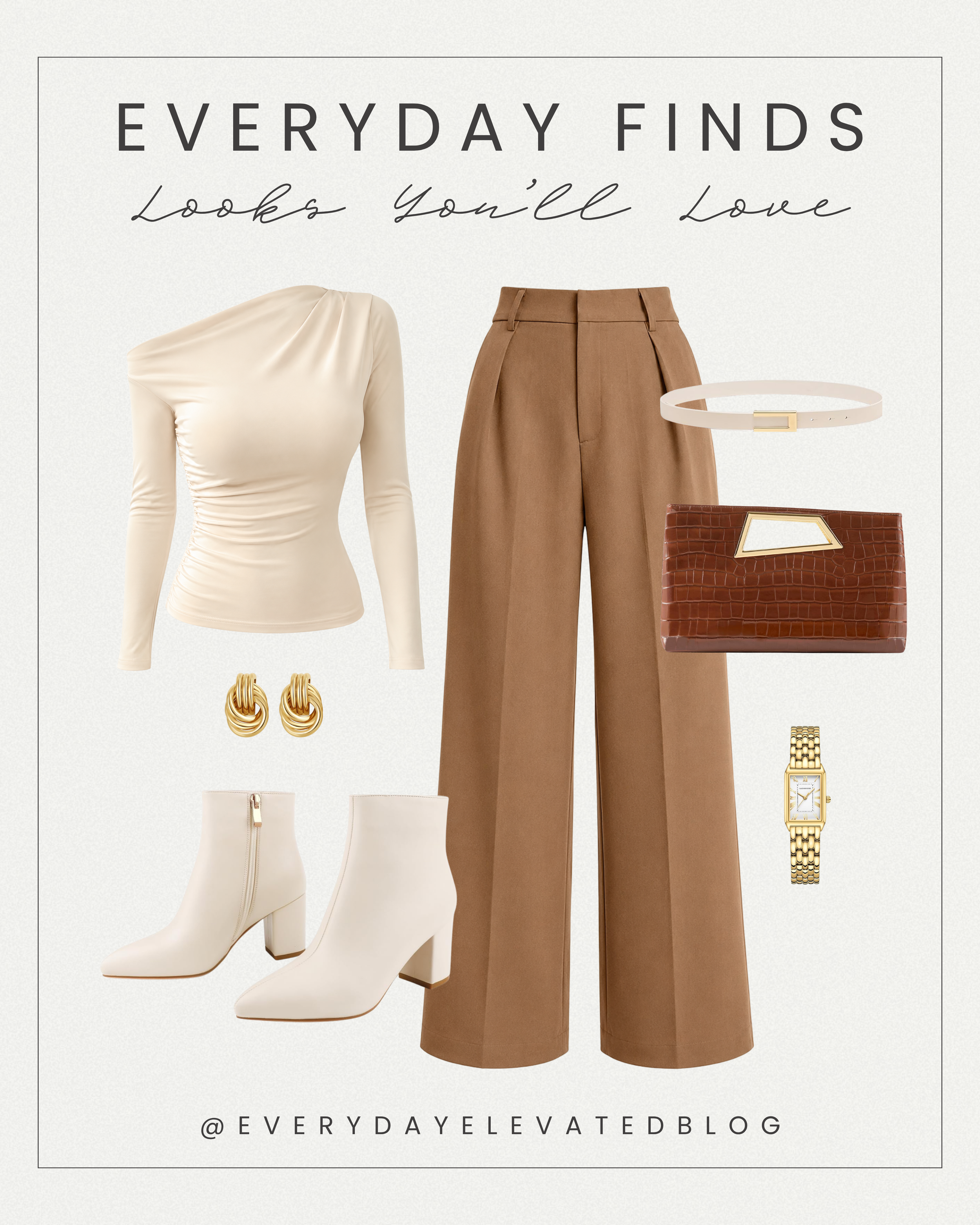 Flat lay collage of an elegant Amazon dinner date outfit featuring a cream one-shoulder ruched top, camel wide-leg trousers, slim cream belt, brown crocodile clutch with gold hand hole, cream ankle boots, gold statement earrings, and a gold watch.
