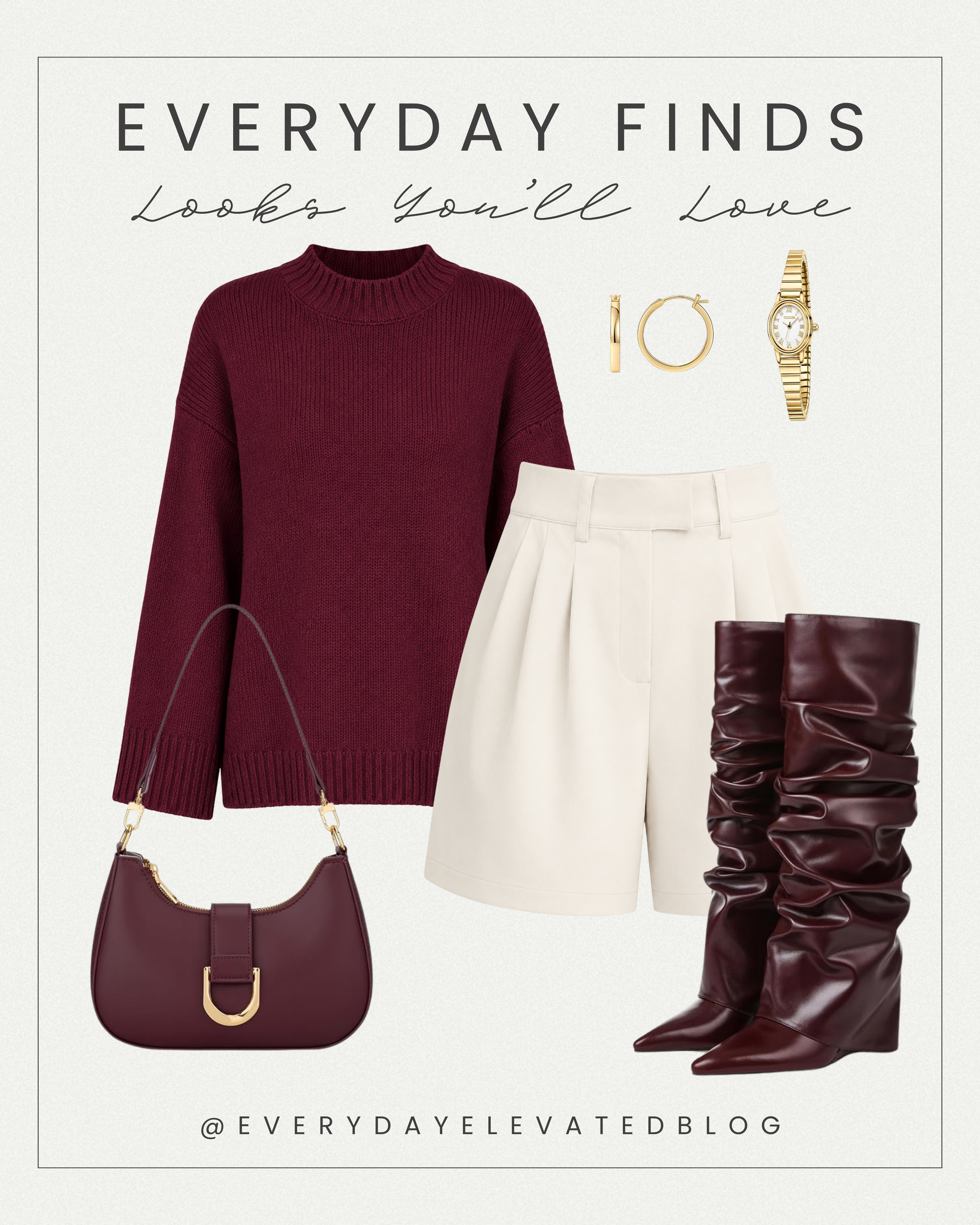 Affordable fall shorts outfit featuring a burgundy knit sweater, cream tailored shorts, burgundy slouchy knee-high boots, matching burgundy shoulder bag, gold hoop earrings, and a gold watch for an elevated early fall look.