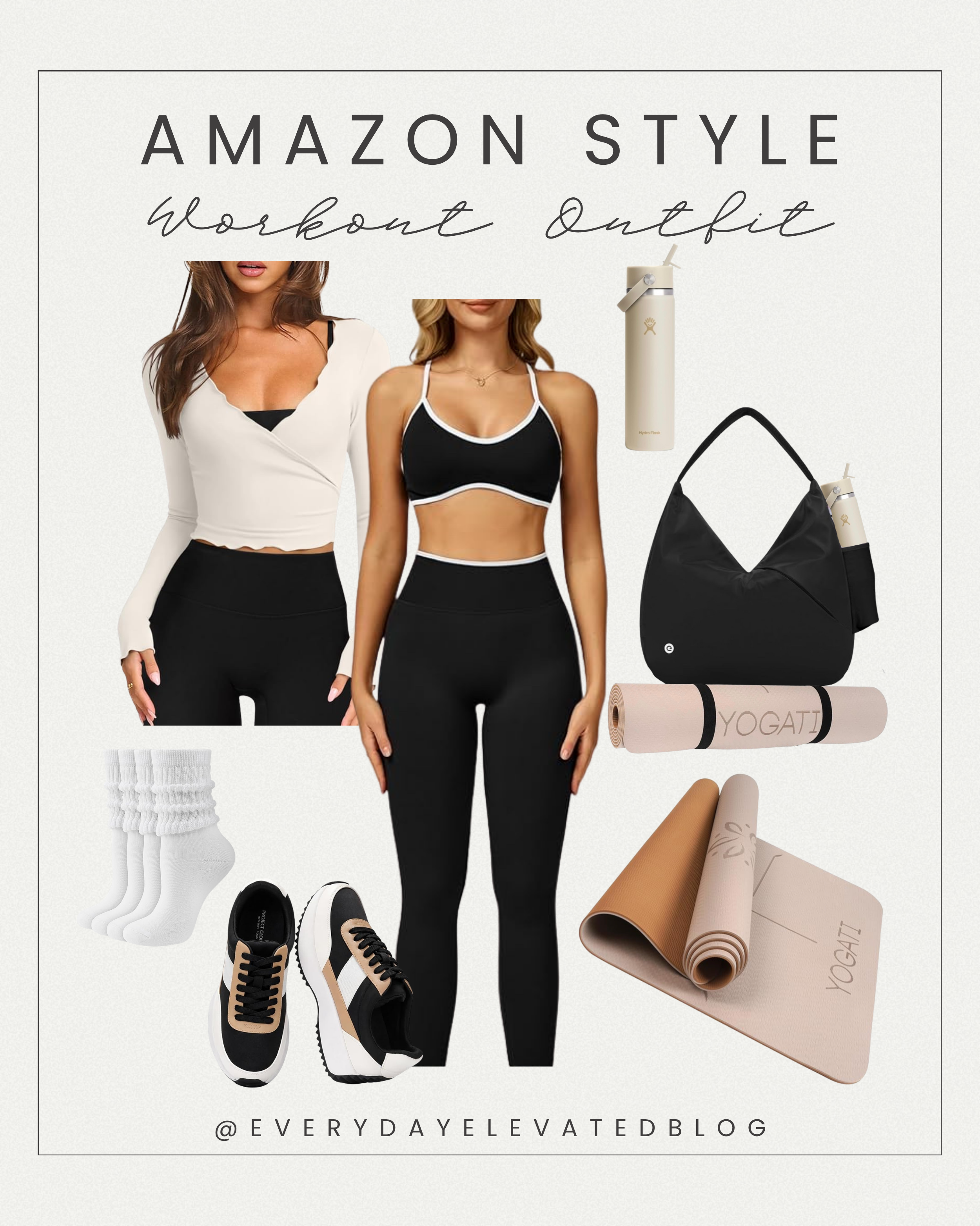 Flat lay collage of an Amazon workout outfit featuring a beige wrap long sleeve top, black sports bra, high waisted black leggings, neutral sneakers, white crew socks, yoga mat, water bottle, and black tote bag styled in a clean minimal aesthetic.