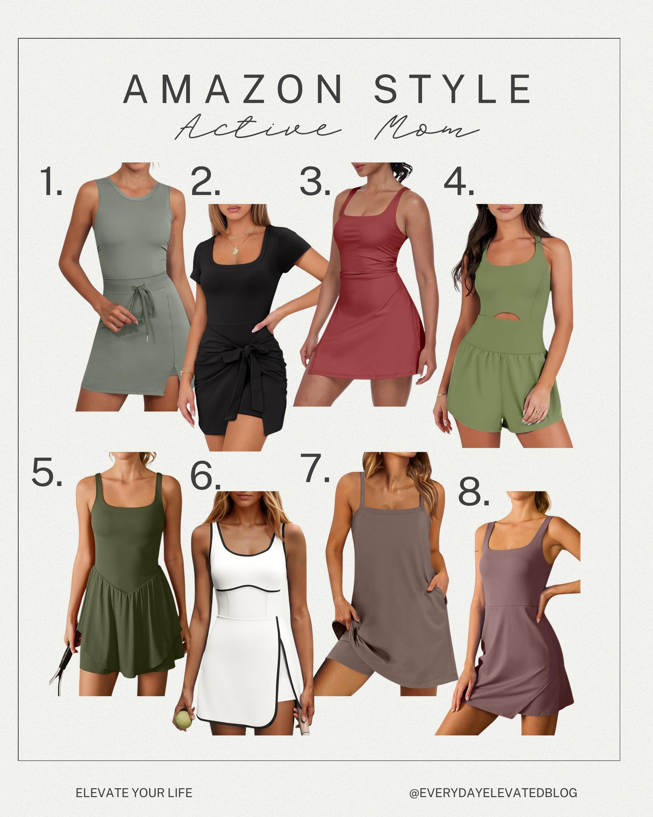 Collage of eight Amazon activewear dresses and rompers for moms on the go, featuring sporty tennis dresses, athletic rompers, and comfortable postpartum workout outfits in neutral and earthy tones.