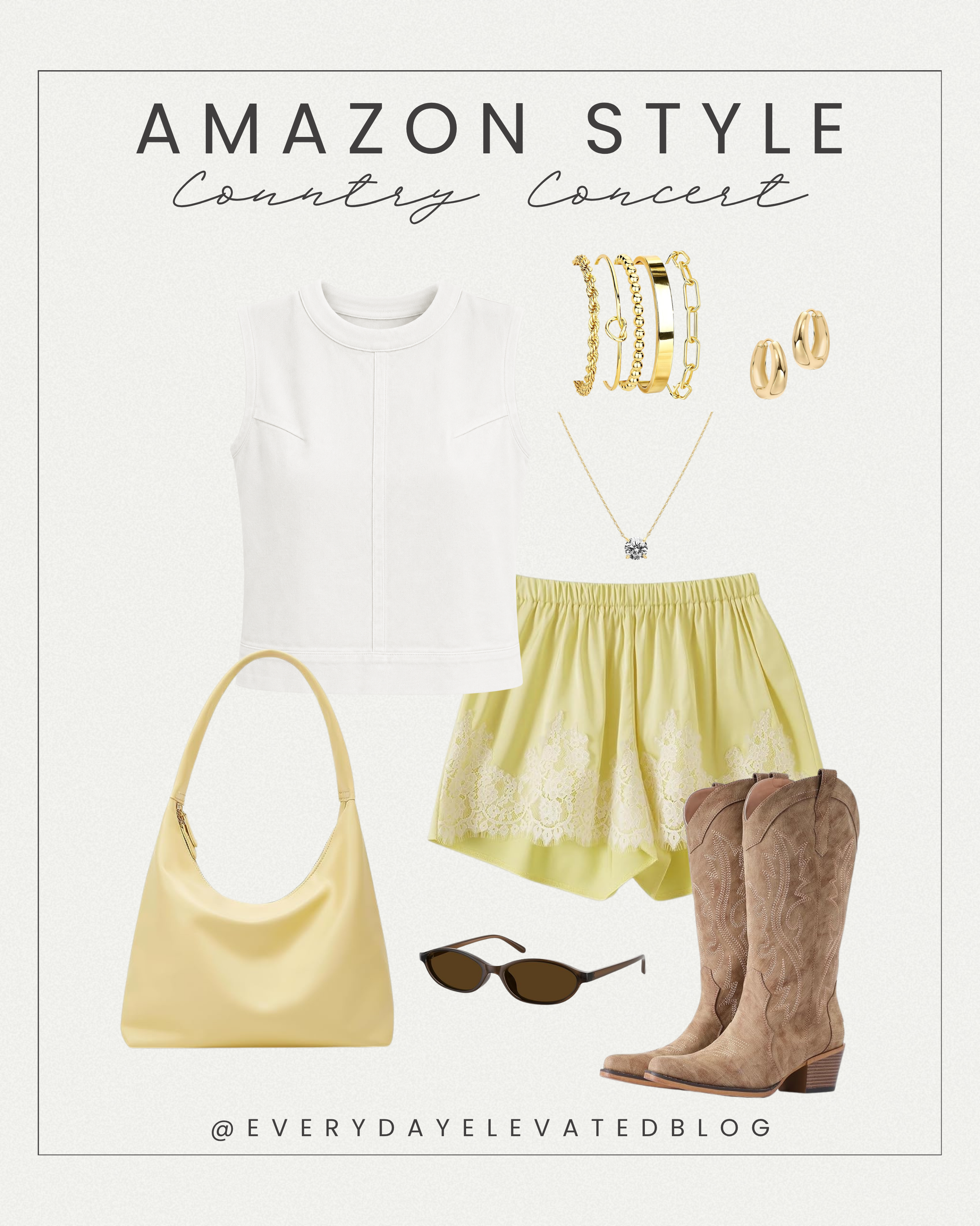 Flat lay collage of a country concert outfit featuring a white sleeveless top, pale yellow lace shorts, tan cowboy boots, yellow shoulder bag, gold jewelry, and sunglasses styled for summer concert fashion inspiration.