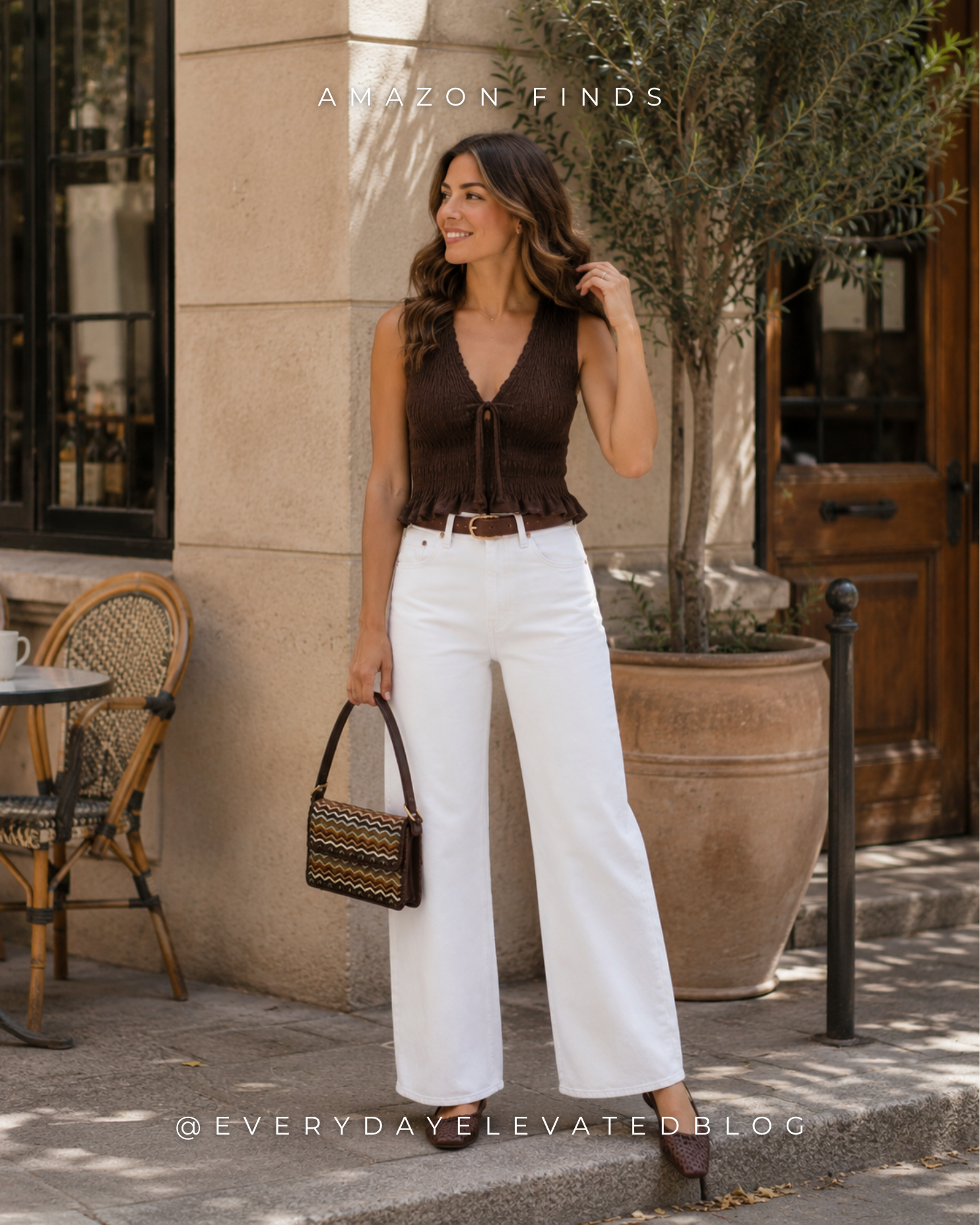 Woman wearing a brown smocked tank top with white wide-leg jeans, woven flats, and a woven shoulder bag in a casual summer outfit from Abercrombie.