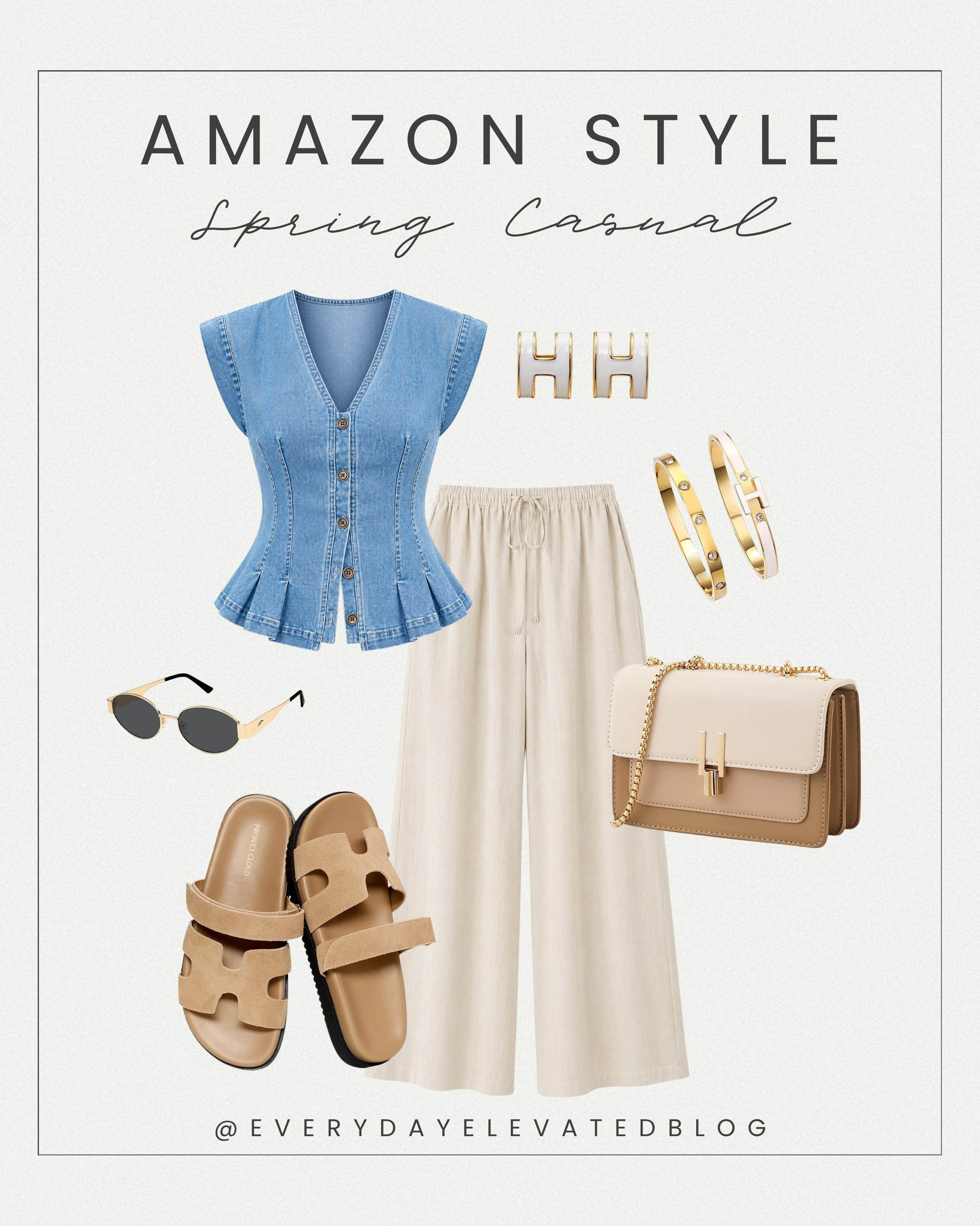 Woman’s spring casual Amazon outfit featuring a denim peplum top, neutral wide leg pants, tan sandals, gold jewelry, sunglasses, and a beige crossbody bag styled in an elevated everyday look.