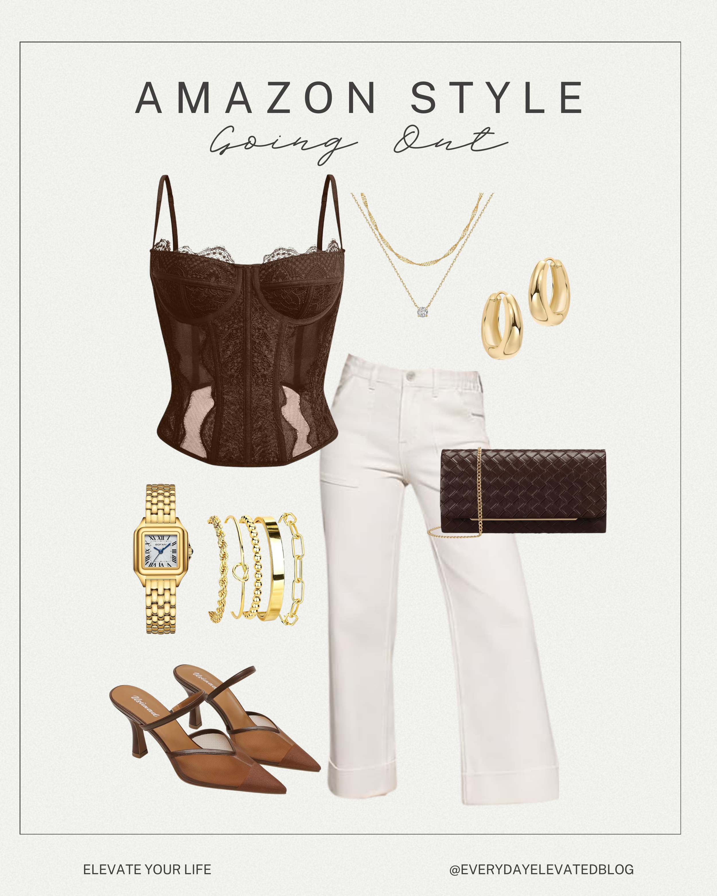 Amazon going-out outfit featuring a brown lace corset top, cream wide-leg trousers, brown kitten heels, woven brown clutch, gold hoop earrings, layered gold necklaces, stacked gold bracelets, and a gold watch styled for a chic date night look.