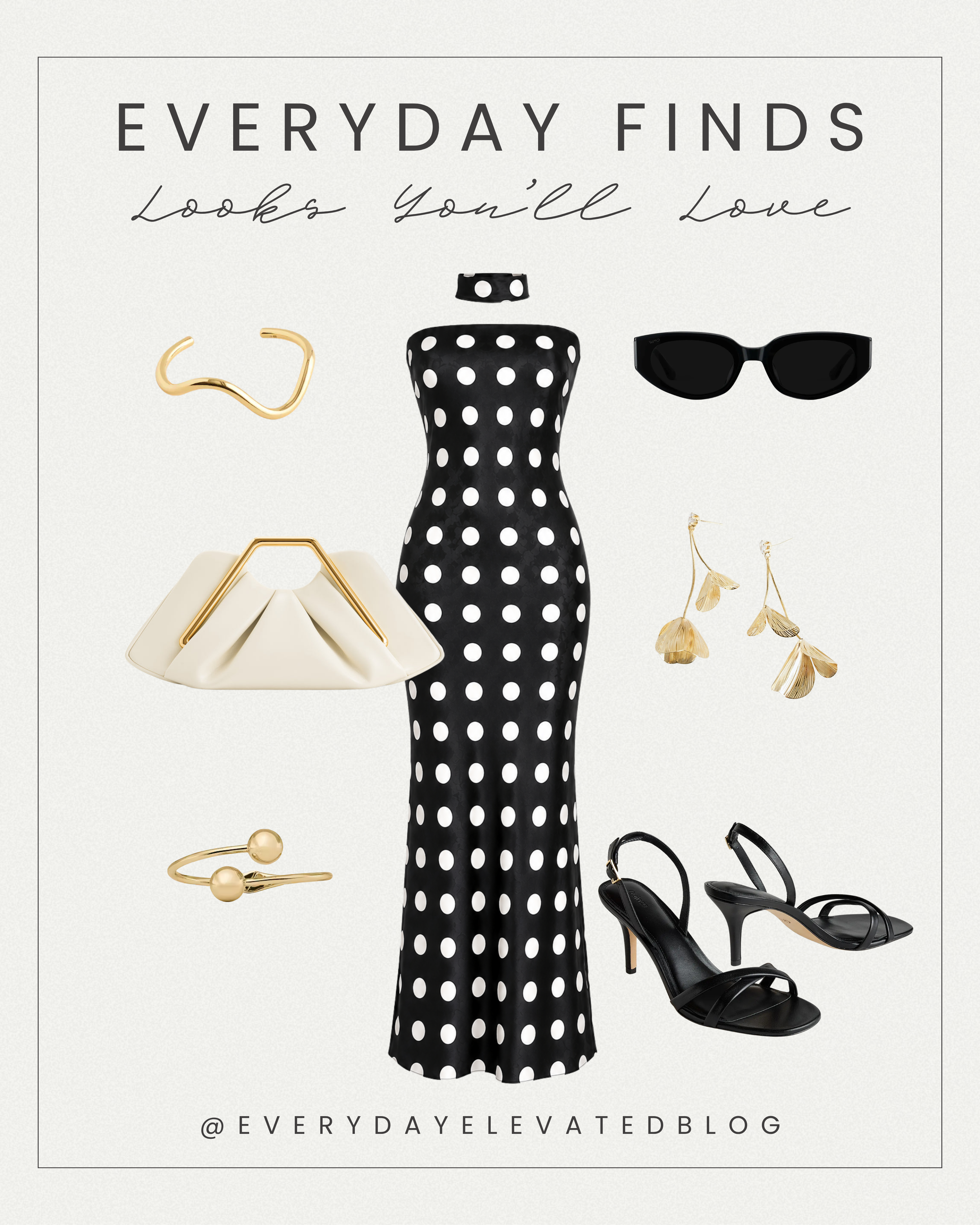 Black and white polka dot maxi dress styled with black strappy heels, an ivory sculptural clutch, gold earrings, gold bracelets, and black cat-eye sunglasses for an elegant date night dress outfit.