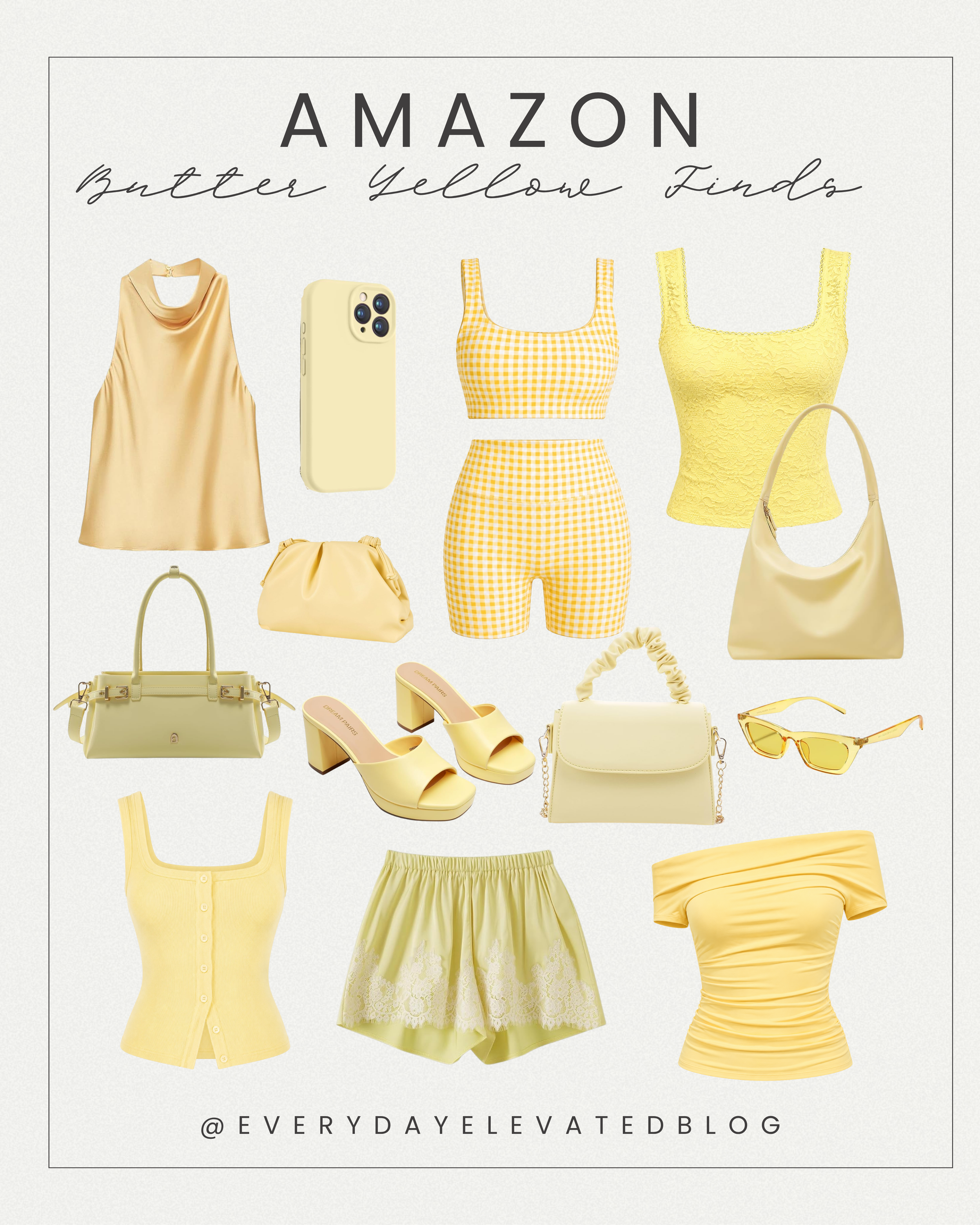 Promotional collage featuring butter yellow Amazon fashion finds including tops, matching sets, handbags, sandals, sunglasses, and accessories highlighting the season’s trending color.