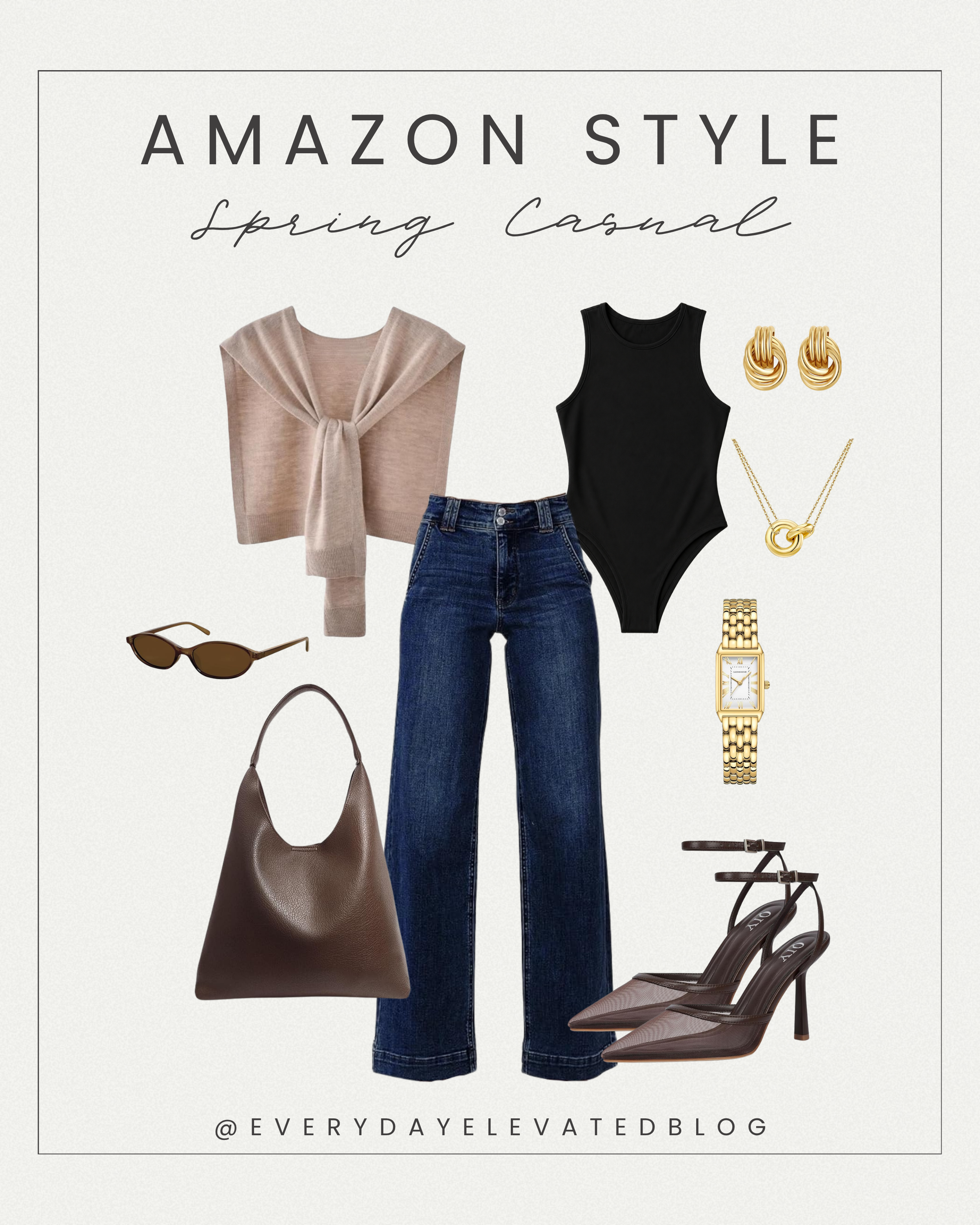 Casual outfit with jeans featuring a black fitted top, dark wash wide-leg jeans, neutral sweater, brown tote bag, mesh heels, and gold jewelry styled in a clean, minimal aesthetic.