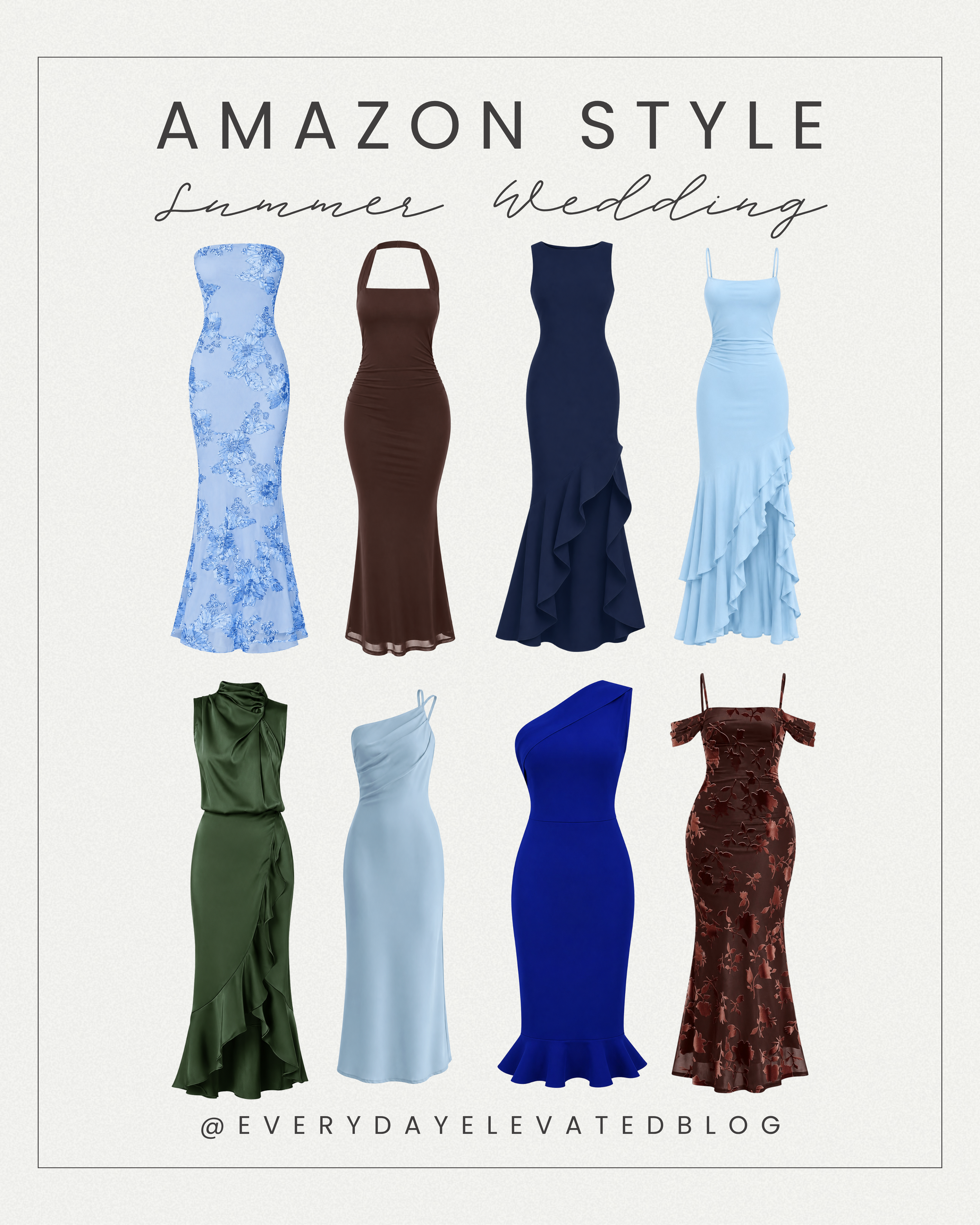 Collection of elegant Amazon summer wedding guest dresses featuring floral blue dresses, satin one-shoulder gowns, ruffle hem dresses, and formal evening styles in blue, green, brown, and navy tones.