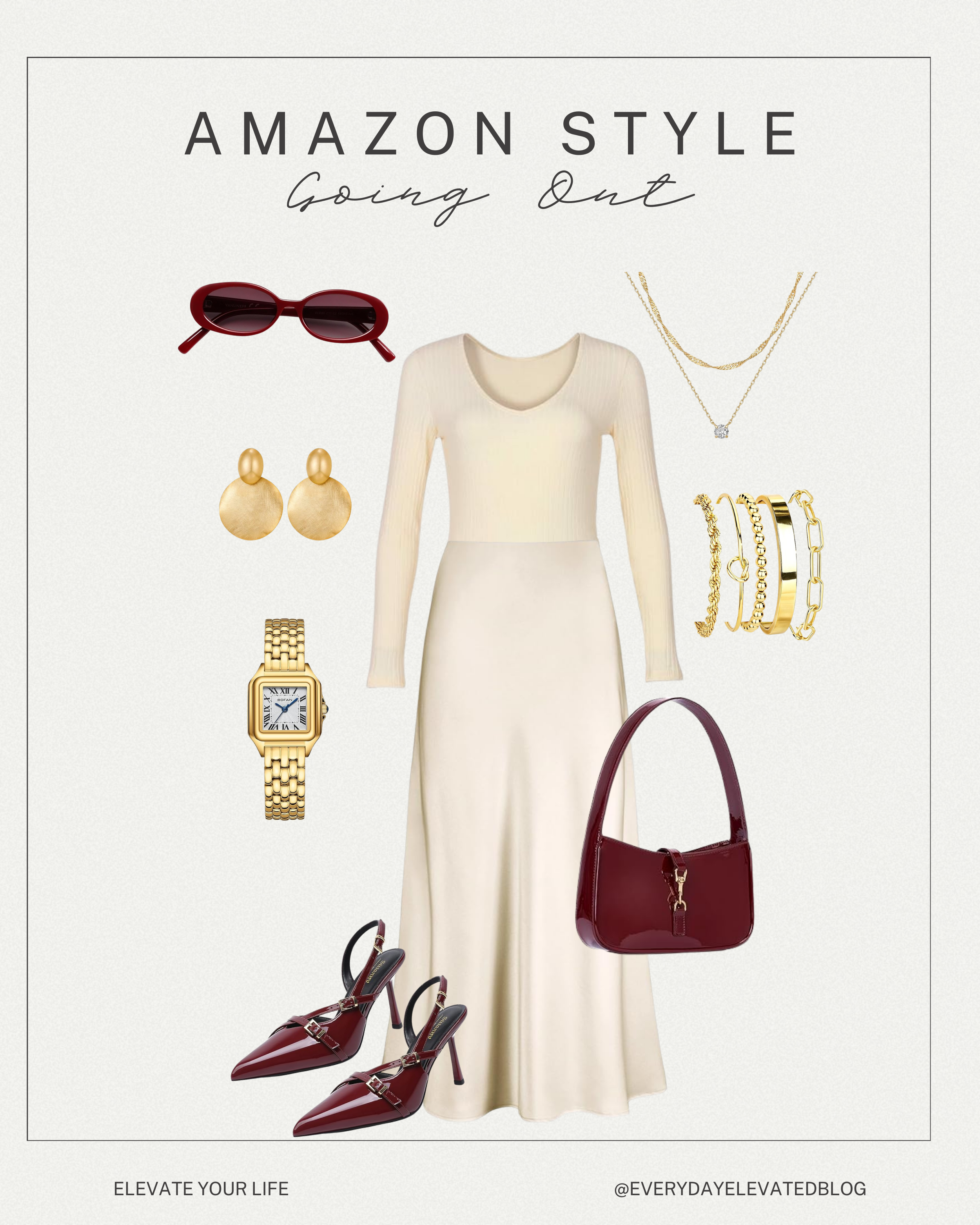 Neutral ribbed long sleeve top styled with a flowing midi skirt, burgundy slingback heels, burgundy shoulder bag, gold jewelry, and red sunglasses for a chic going-out outfit.
