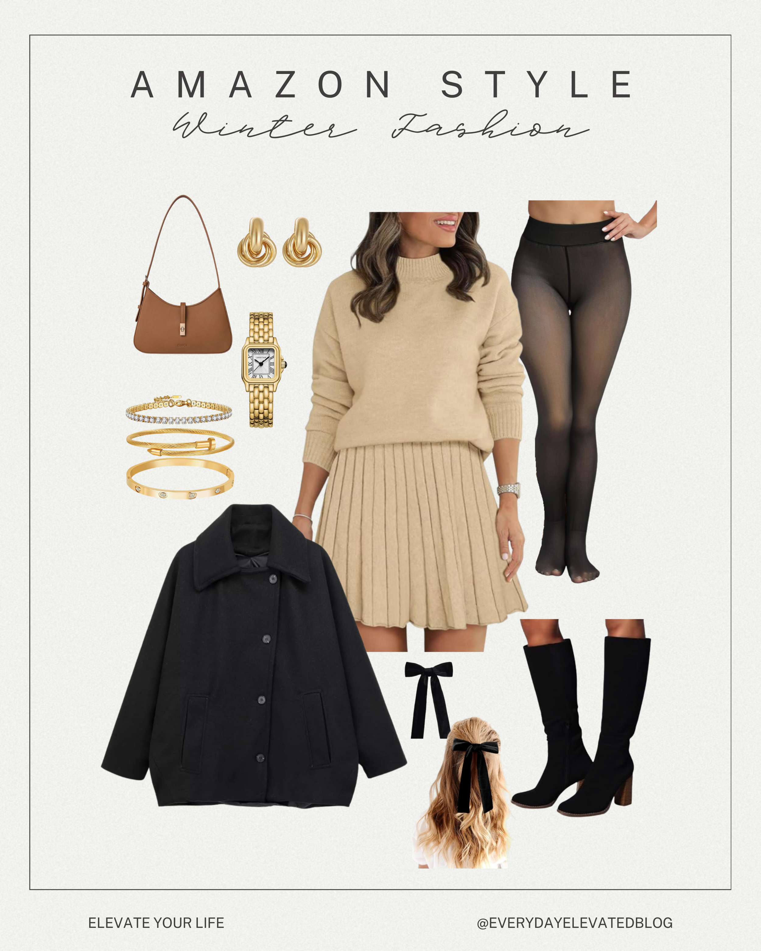 Neutral beige knit sweater dress styled with sheer black tights, black knee-high boots, and a structured black coat, accessorized with gold jewelry and a brown shoulder bag for a chic winter outfit.