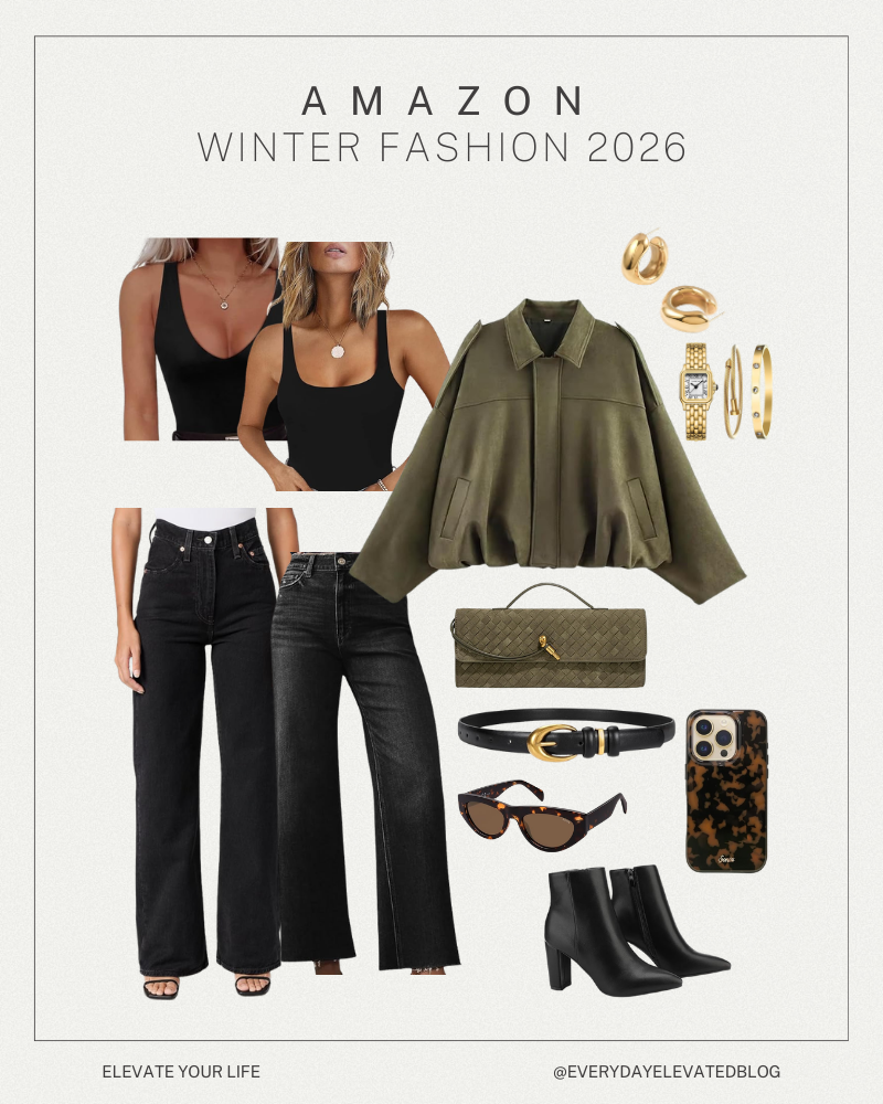 Amazon Winter Fashion 2026 casual outfit featuring black square neck bodysuit, high-waisted wide-leg black jeans, olive cropped jacket, gold accessories, black ankle boots, and tortoiseshell sunglasses.
