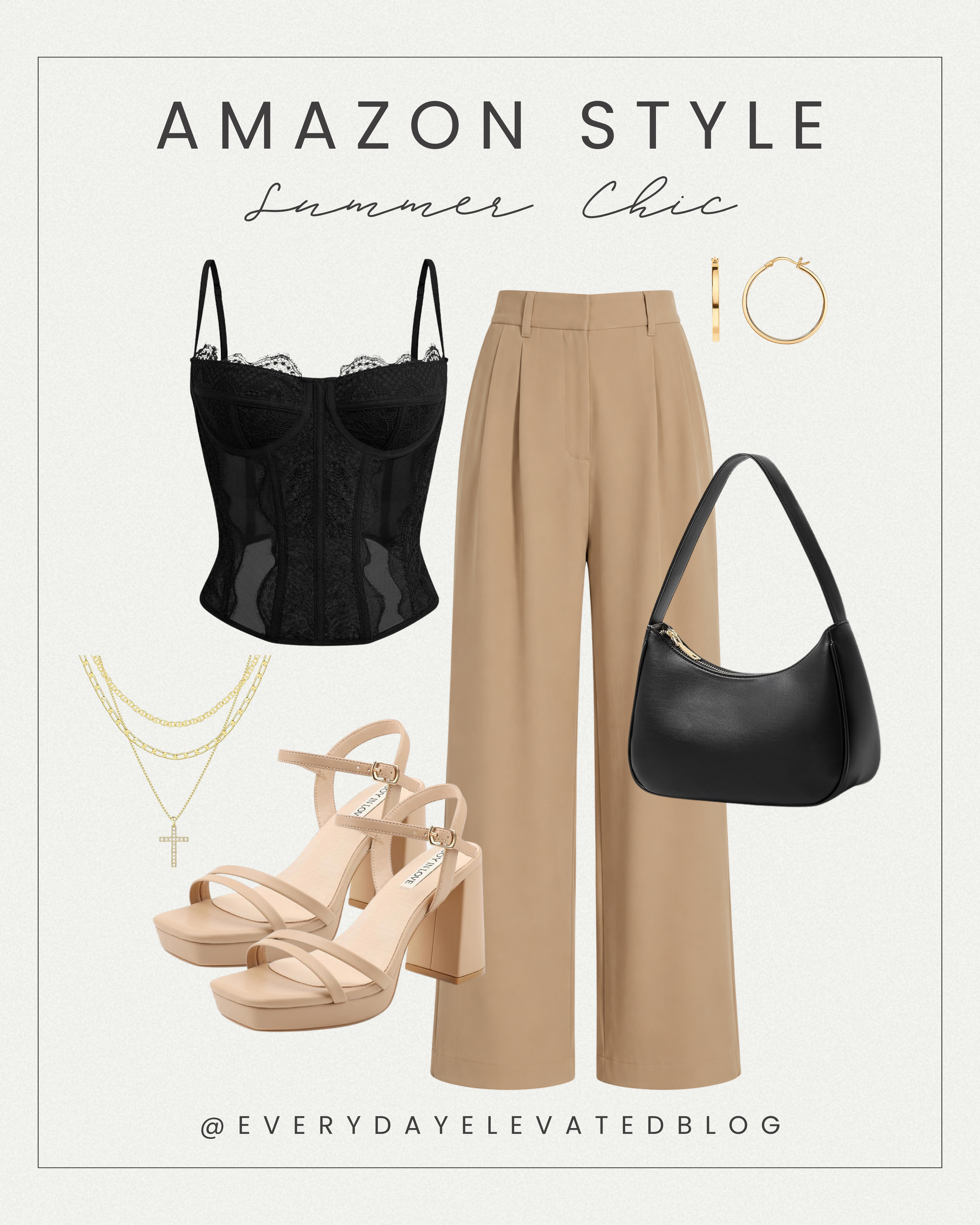 Summer dinner outfit featuring a black lace corset top, beige wide-leg trousers, nude block heel sandals, black shoulder bag, gold hoop earrings, and layered gold necklaces.