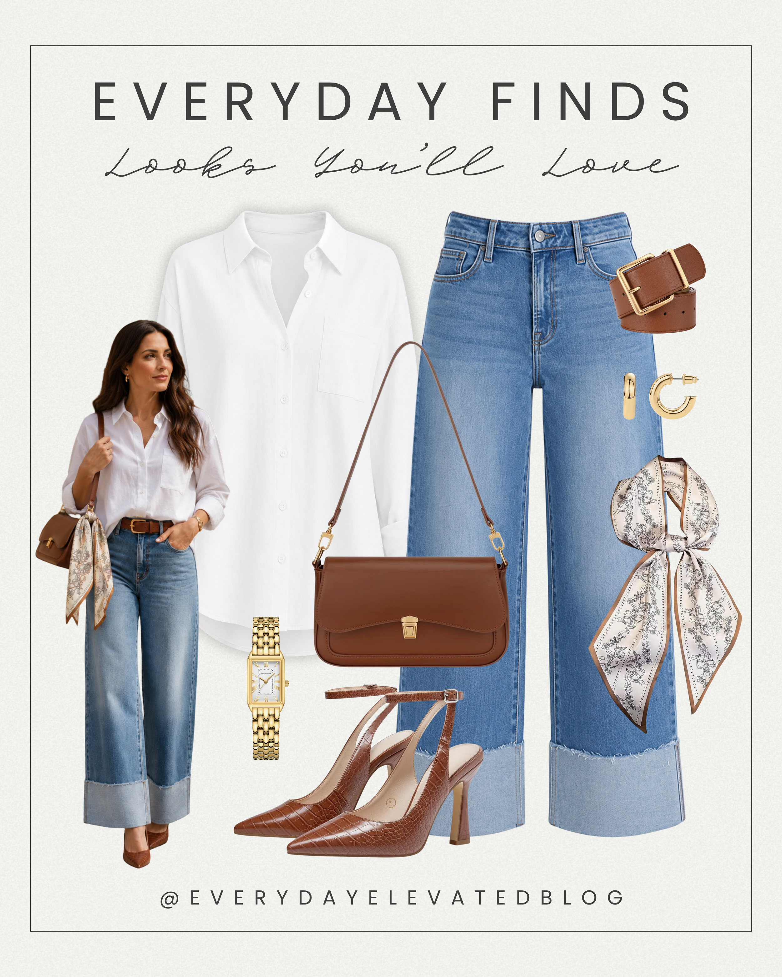 Elevated casual outfit featuring a white button-down shirt, cuffed wide-leg jeans, brown pointed-toe heels, brown shoulder bag, leather belt, printed scarf, gold hoop earrings, and gold watch.