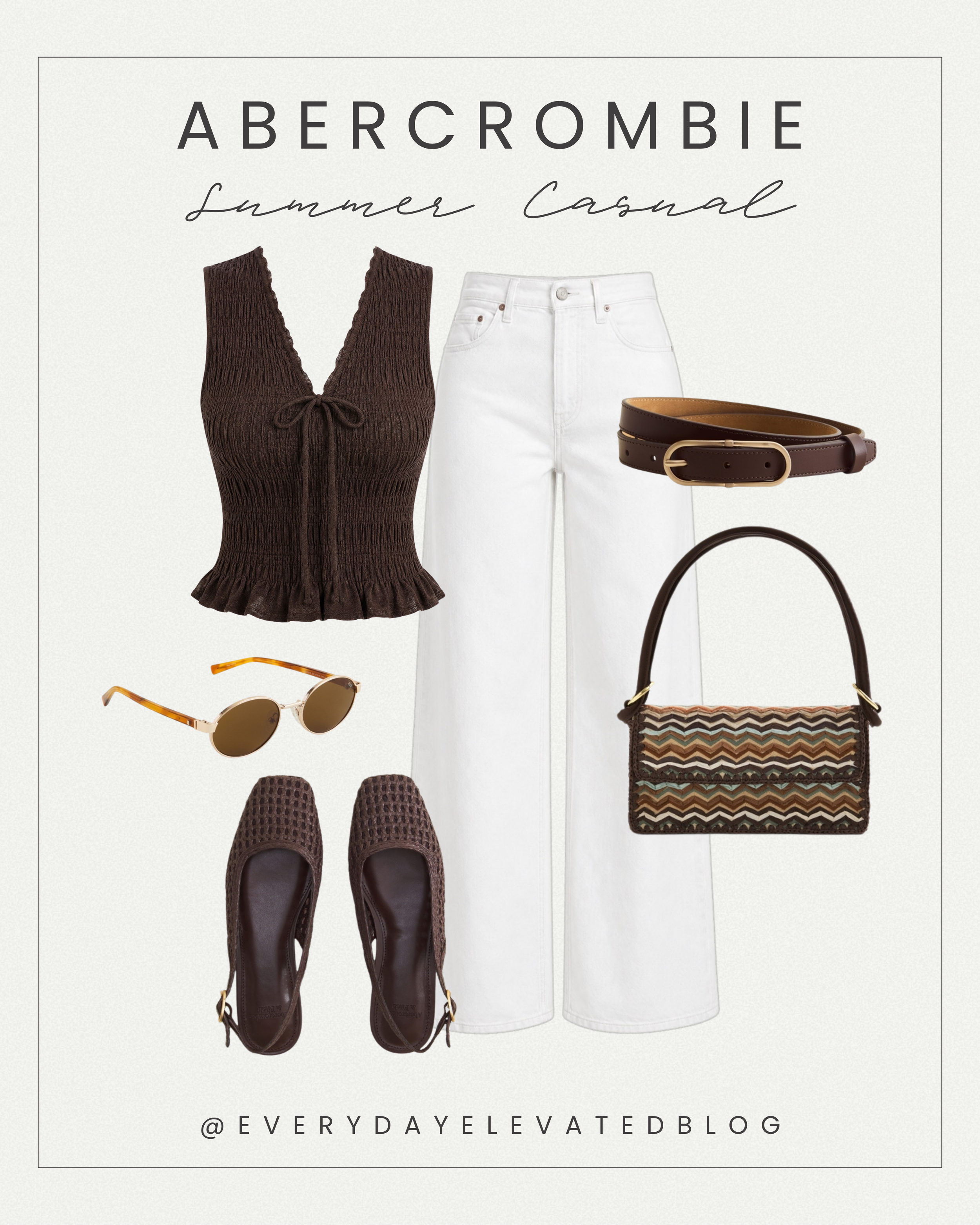 Abercrombie casual summer outfit collage featuring a chocolate brown smocked tie-front tank top, white wide-leg, brown belt, woven shoulder bag, woven slingback flats, and round sunglasses styled together for an effortless casual chic summer look.
