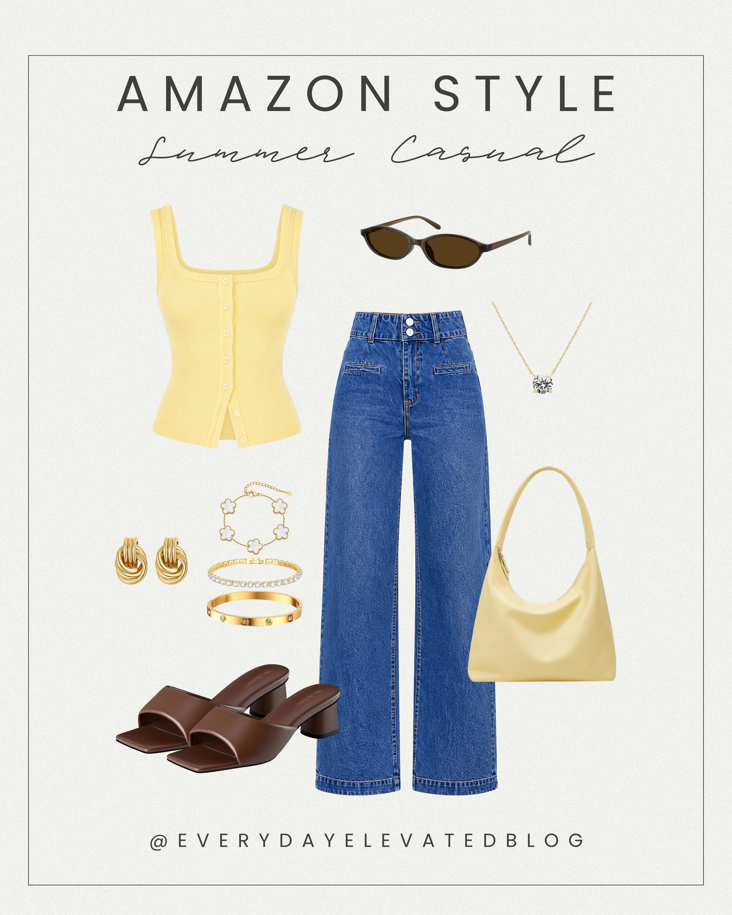 Butter yellow ribbed tank top styled with wide leg blue jeans, a butter yellow shoulder bag, brown heeled sandals, gold jewelry, and sunglasses in a casual summer outfit collage.