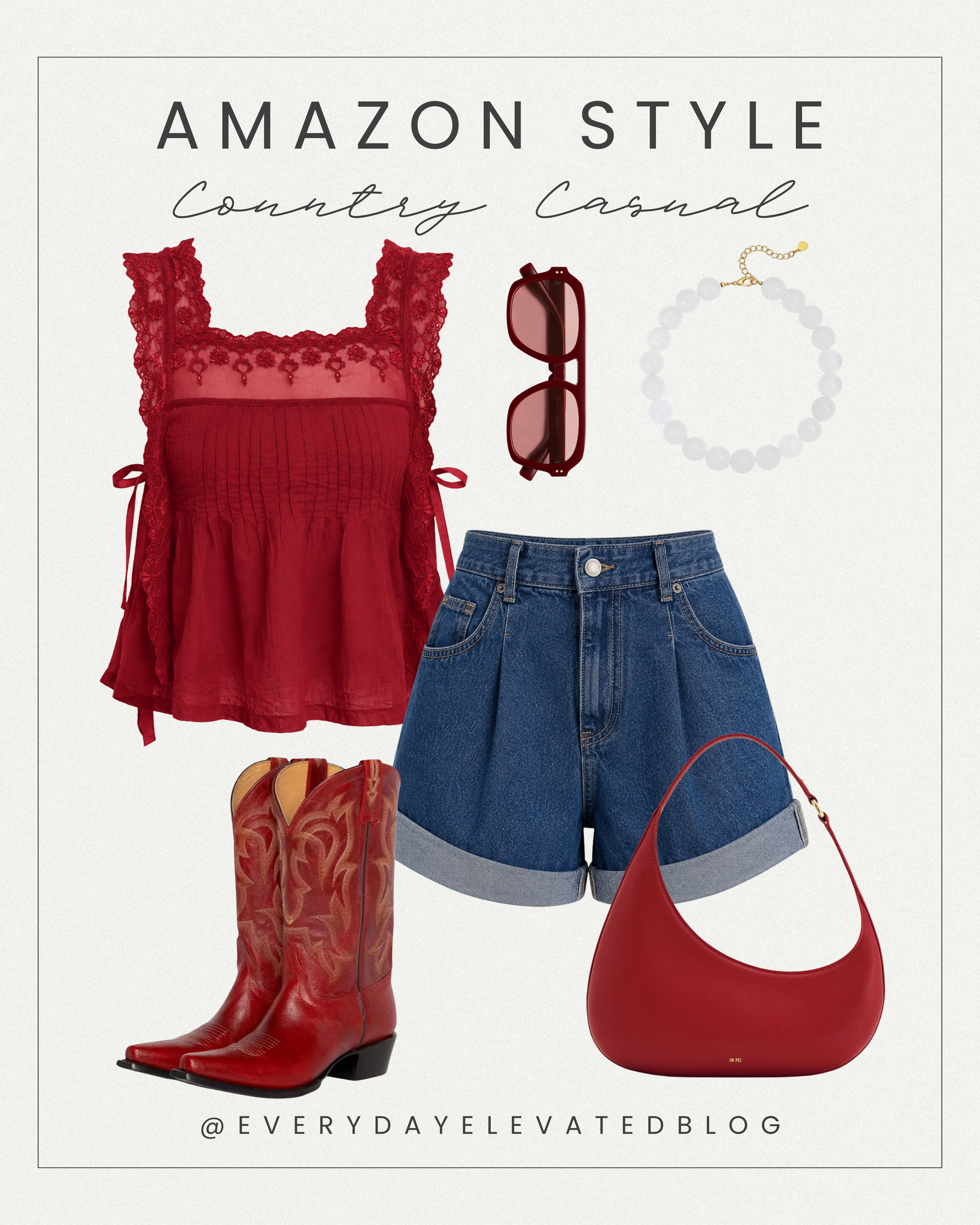 Country concert outfit featuring a red lace tank top, cuffed denim shorts, red cowboy boots, matching red shoulder bag, pearl necklace, and burgundy sunglasses.