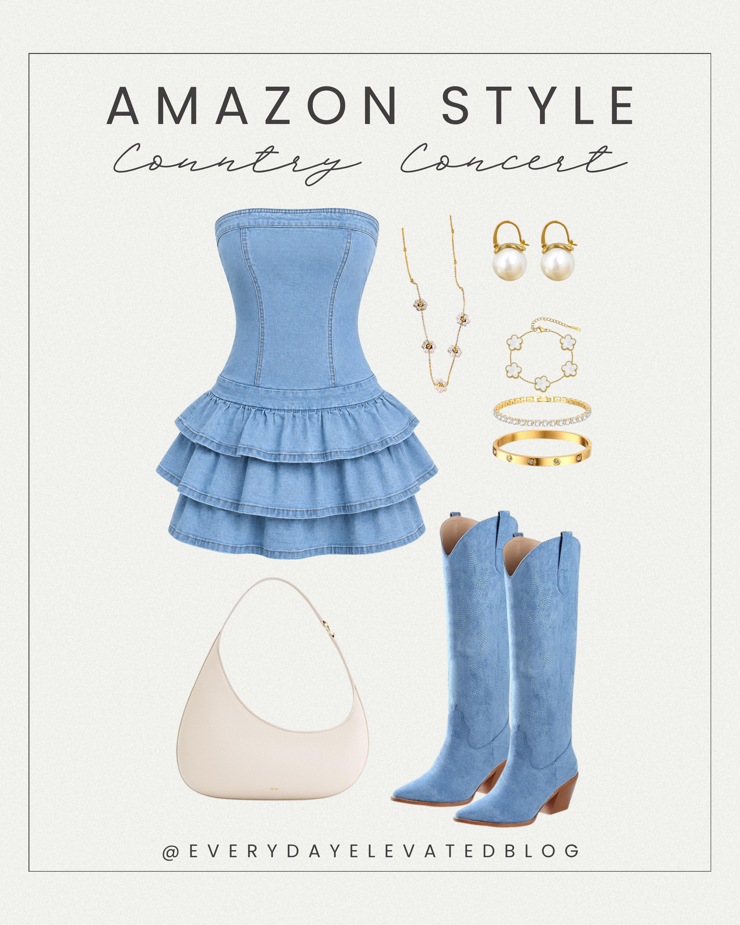 Light blue denim ruffle mini dress paired with matching blue cowboy boots, a neutral shoulder bag, pearl earrings, gold bracelets, and delicate jewelry for a trendy country concert outfit.