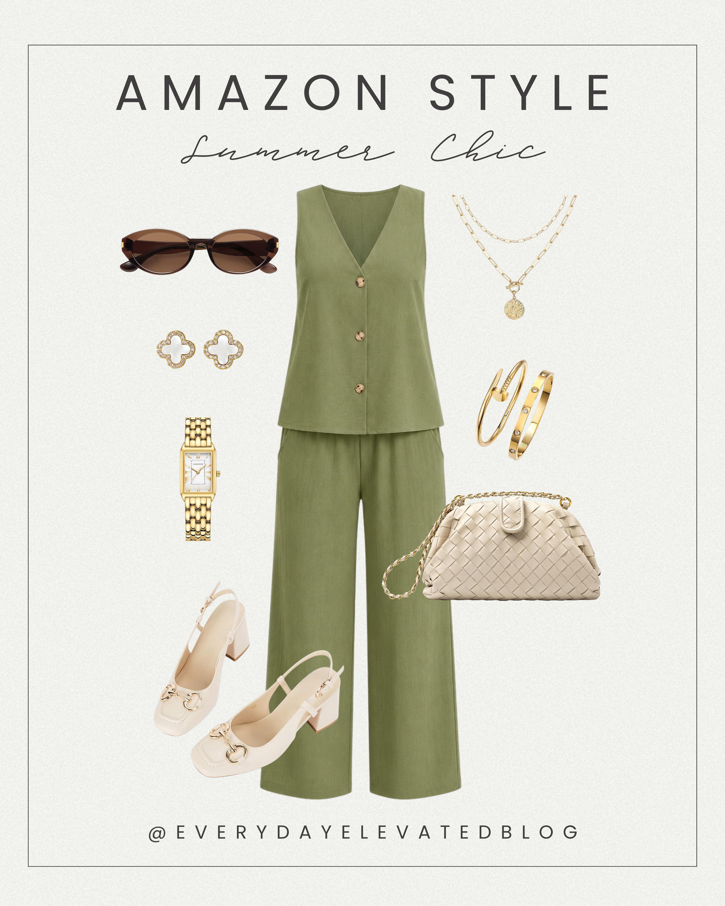Olive green sleeveless two-piece summer outfit with wide-leg pants styled with cream slingback heels, a woven cream clutch, layered gold jewelry, sunglasses, and neutral accessories in a chic Amazon fashion collage.