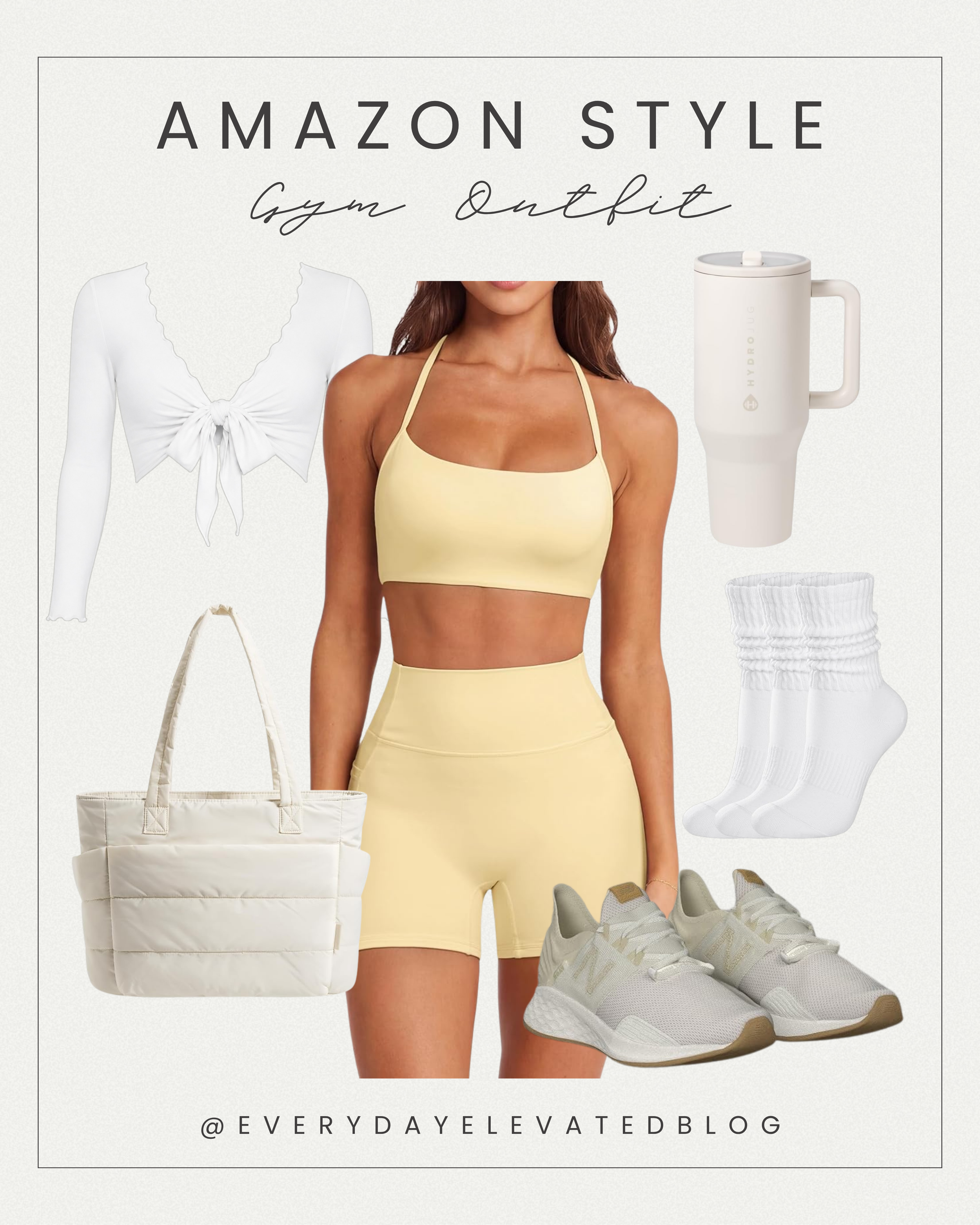 Amazon Pilates outfit featuring a butter yellow sports bra and biker shorts set with a white ballet wrap top, quilted tote bag, neutral sneakers, white crew socks, and oversized tumbler.