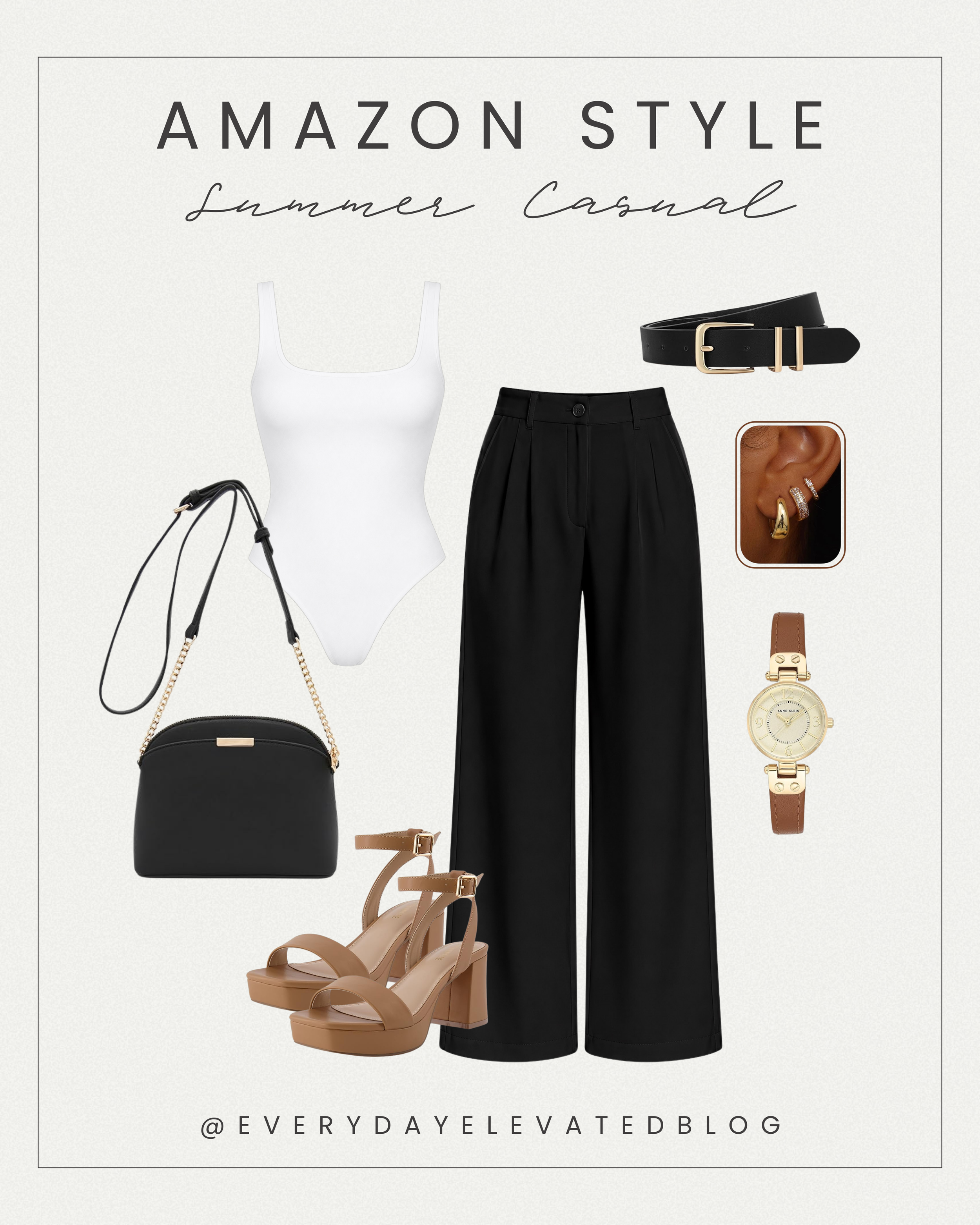 Black wide leg pants outfit featuring a white square neck bodysuit, black trousers, neutral block heel sandals, black crossbody bag, gold watch, gold earrings, and black belt.