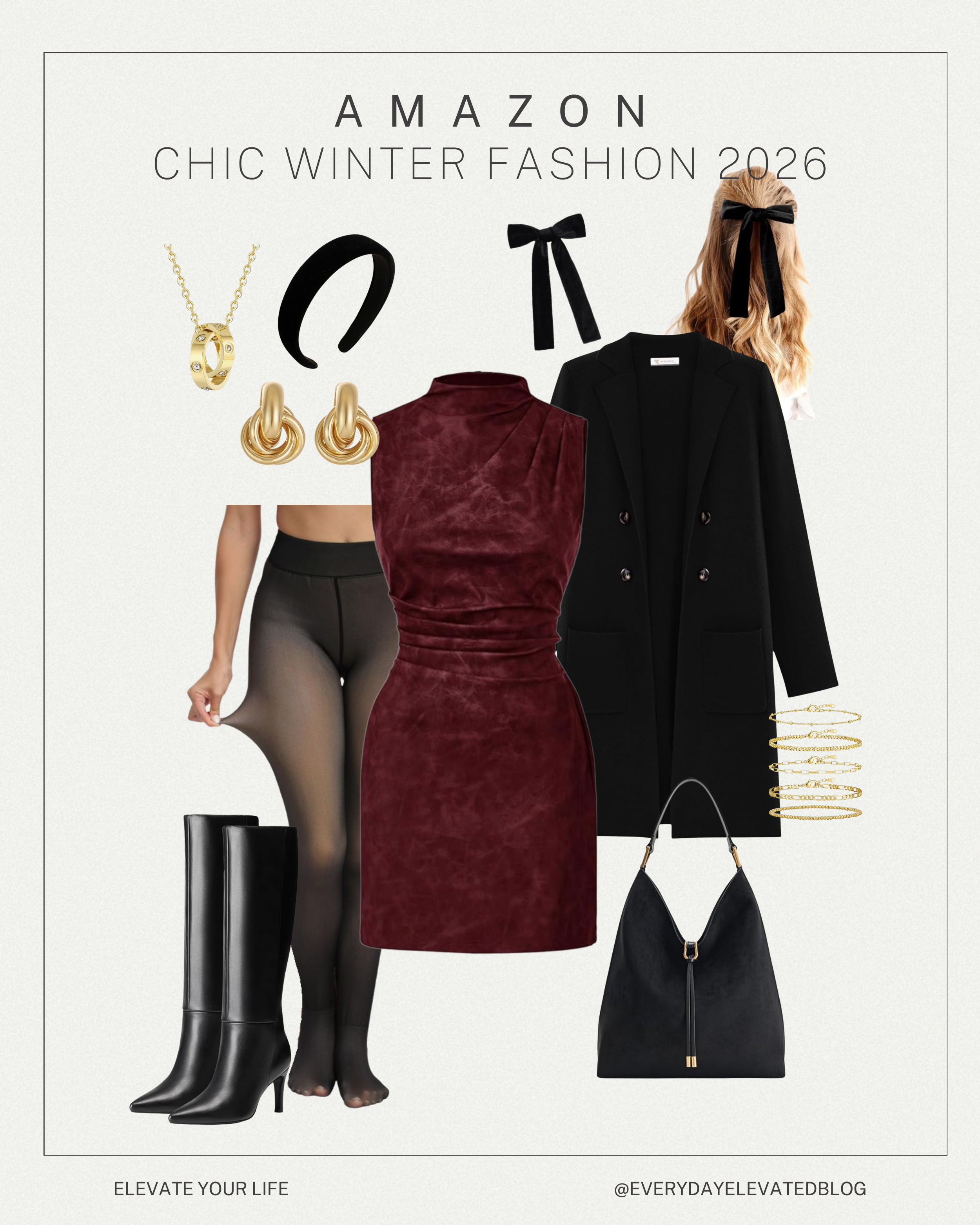 Chic winter date night outfit featuring a burgundy faux leather dress, black blazer coat, sheer tights, knee-high black boots, gold jewelry, and a black shoulder bag styled for winter 2026.